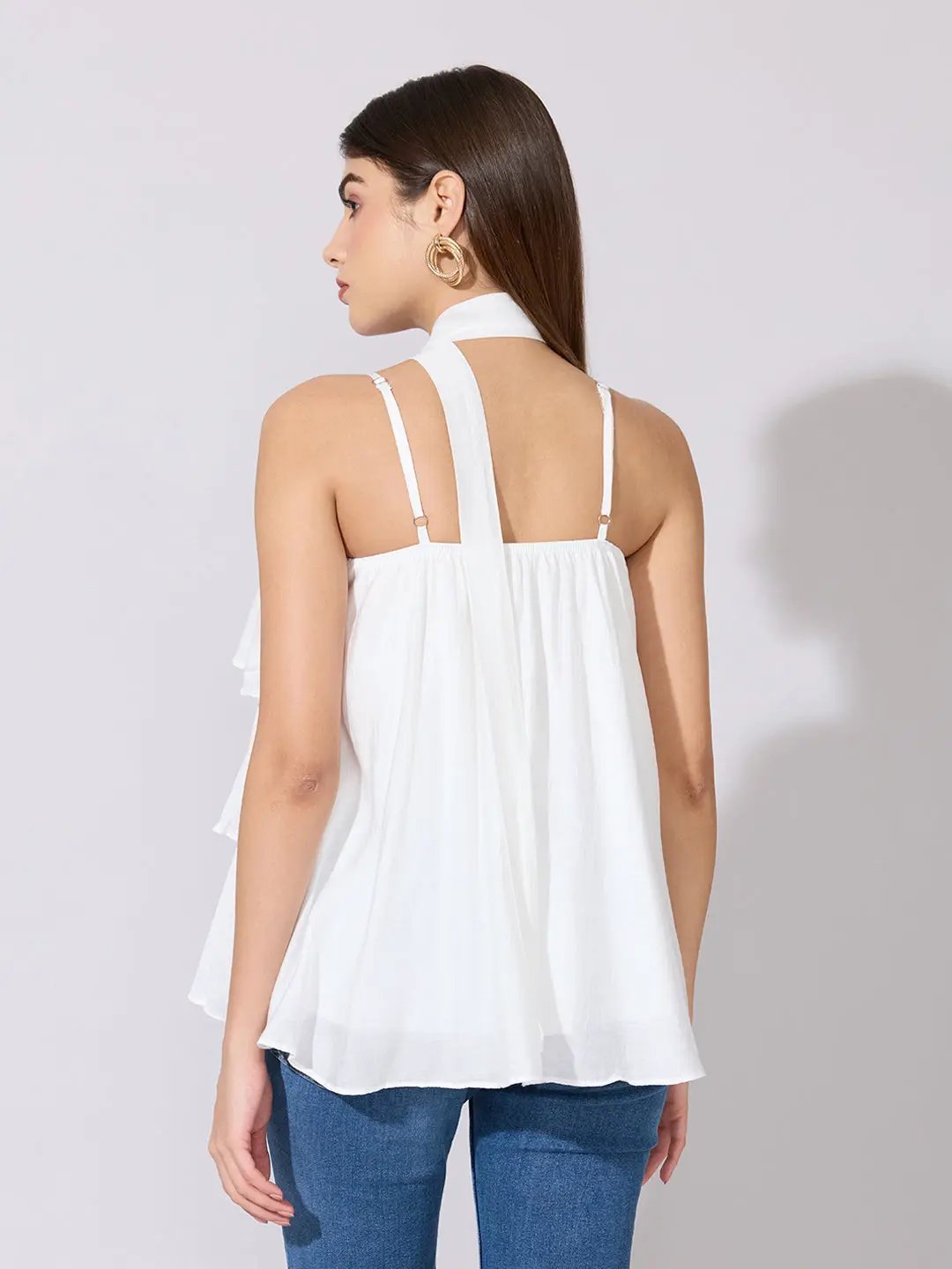 Women's White Layered Ruffle Top with Scarf Tie - from SHOWOFFFF