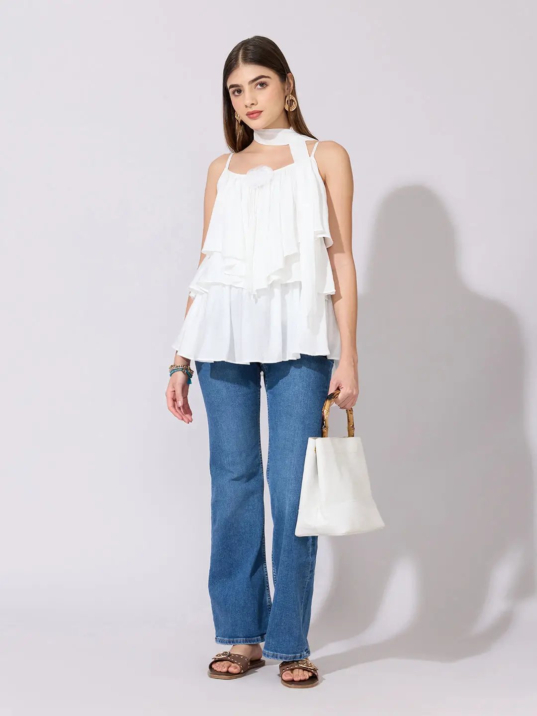 Women's White Layered Ruffle Top with Scarf Tie - from SHOWOFFFF