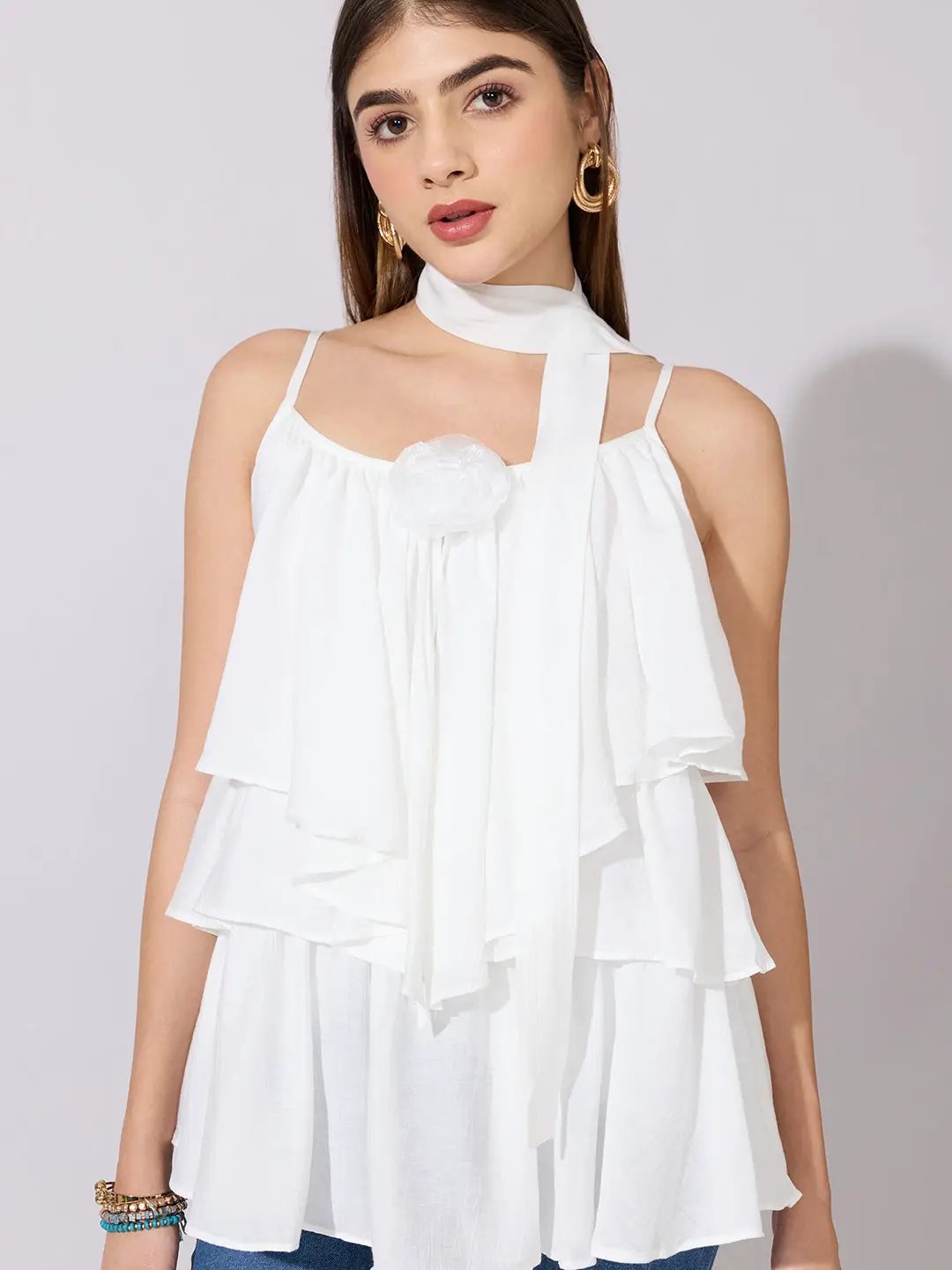 Women's White Layered Ruffle Top with Scarf Tie - from SHOWOFFFF