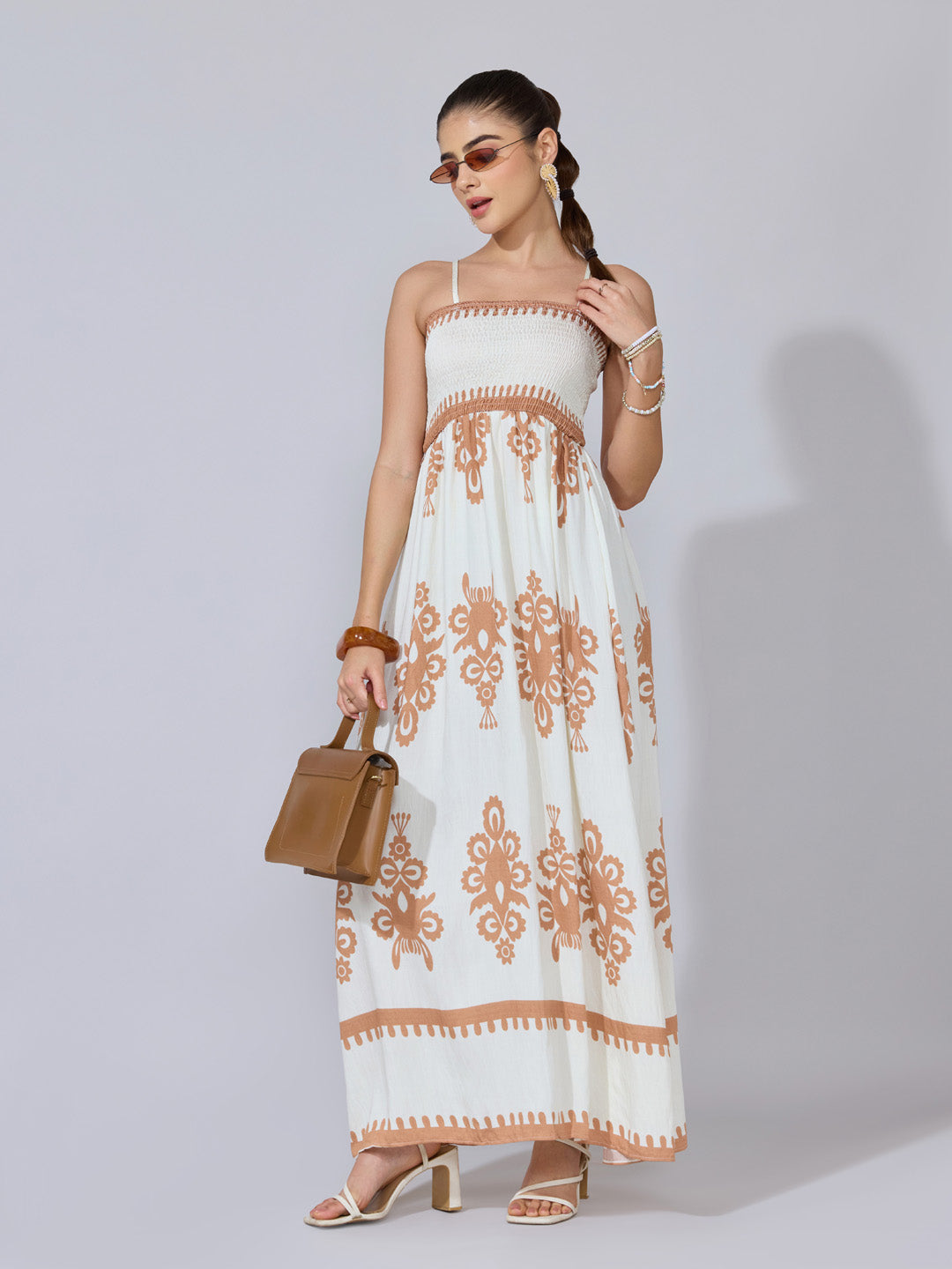Women's Printed Beige Smocked Maxi Dress