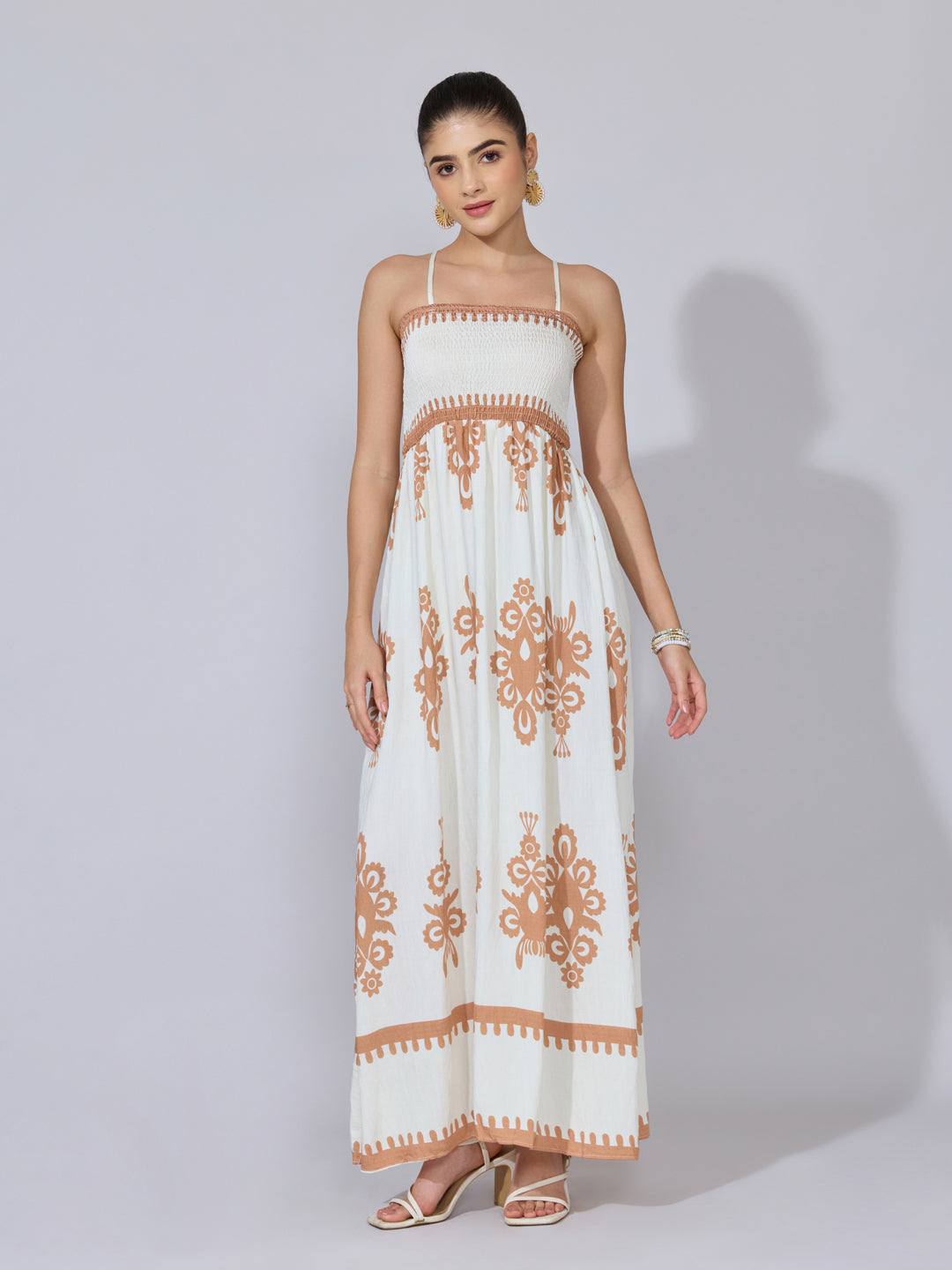 Women's Printed Beige Smocked Maxi Dress