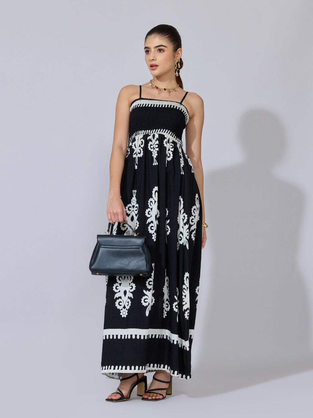 Women's Printed Black Smocked Maxi Dress