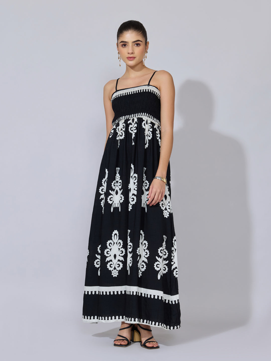 Women's Printed Black Smocked Maxi Dress