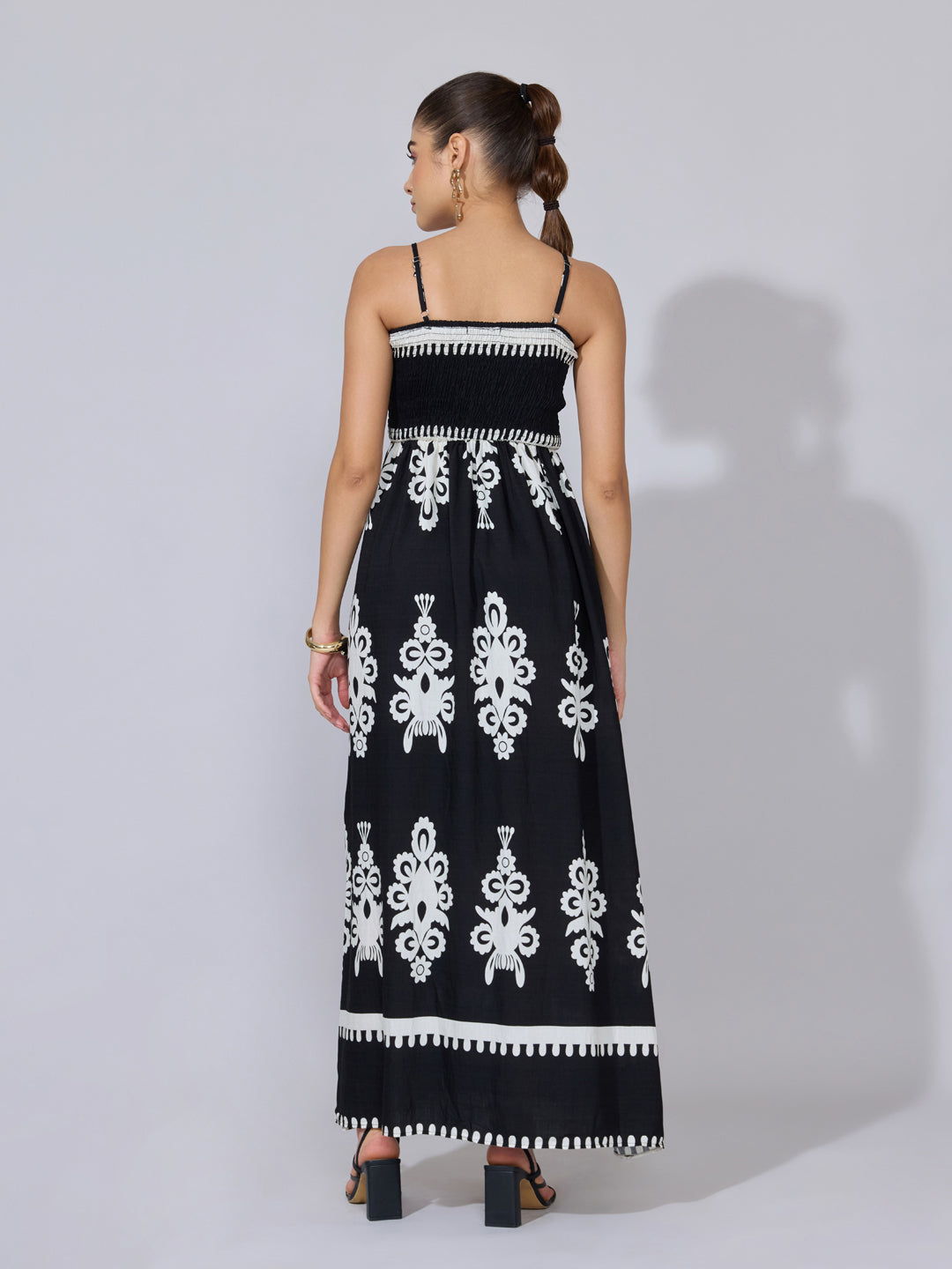 Women's Printed Black Smocked Maxi Dress