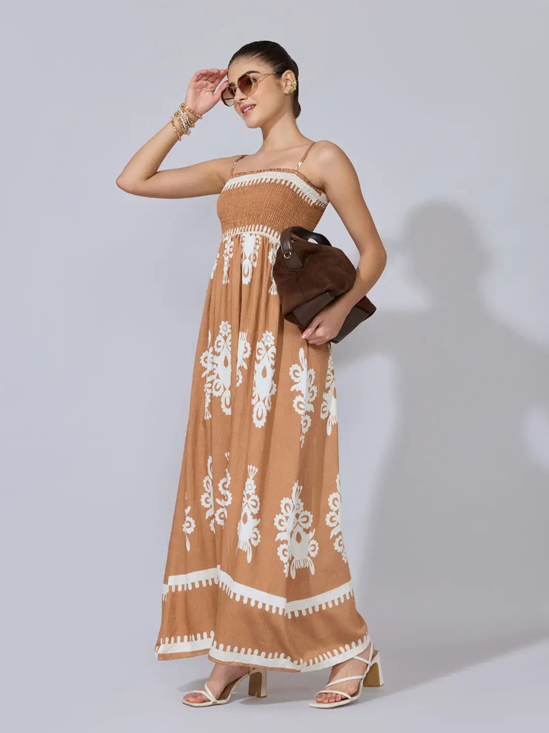 SHOWOFFFF Edition Women's Printed Brown Smocked Maxi Dress SHOWOFFFF Edition Women's Printed Brown Smocked Maxi Dress