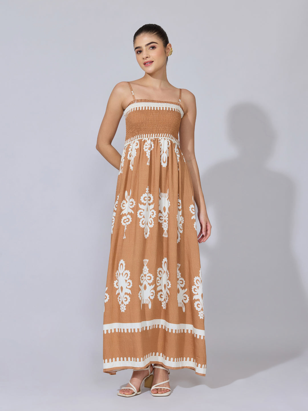 Women's Printed Brown Smocked Maxi Dress