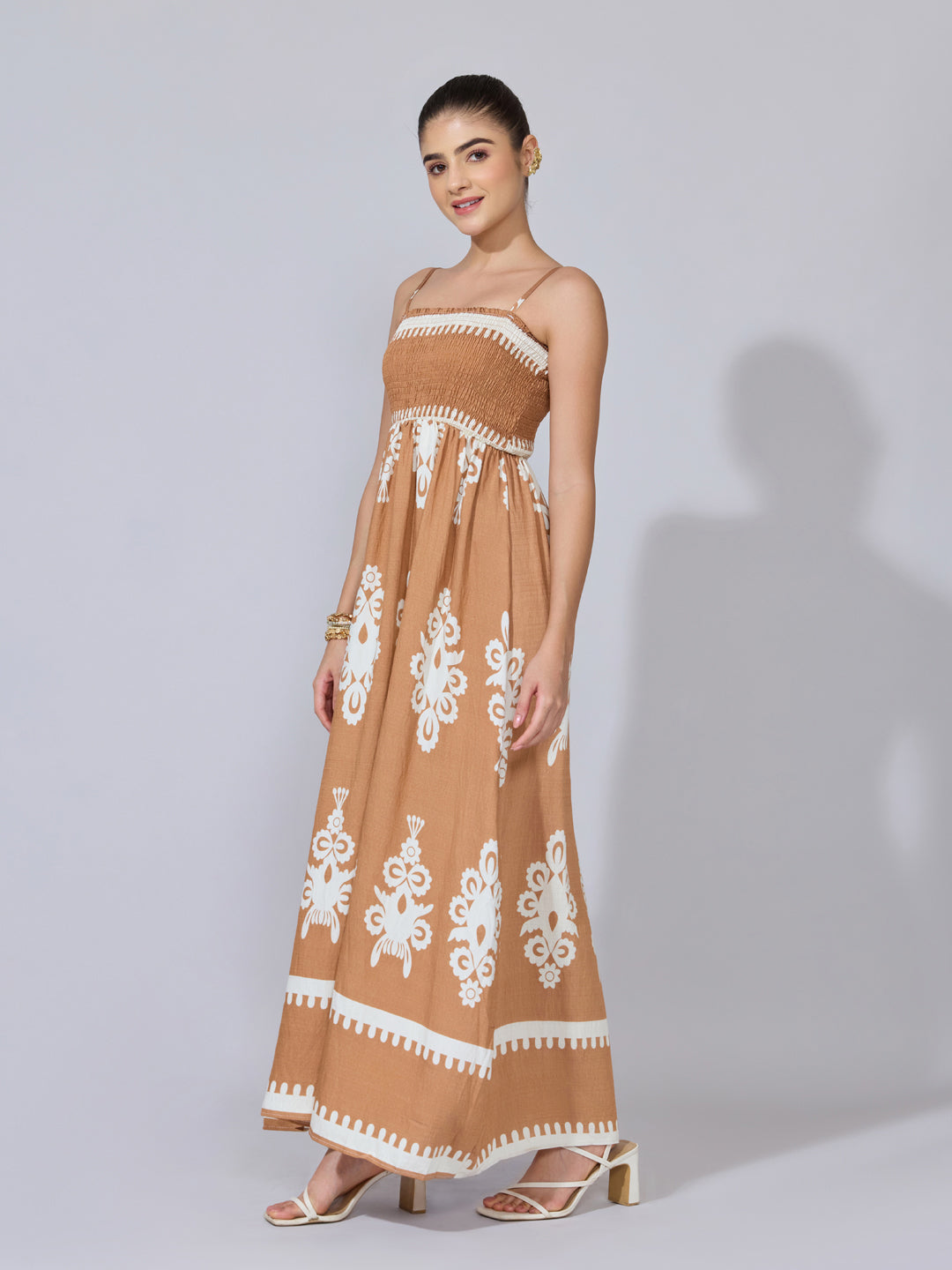 Women's Printed Brown Smocked Maxi Dress