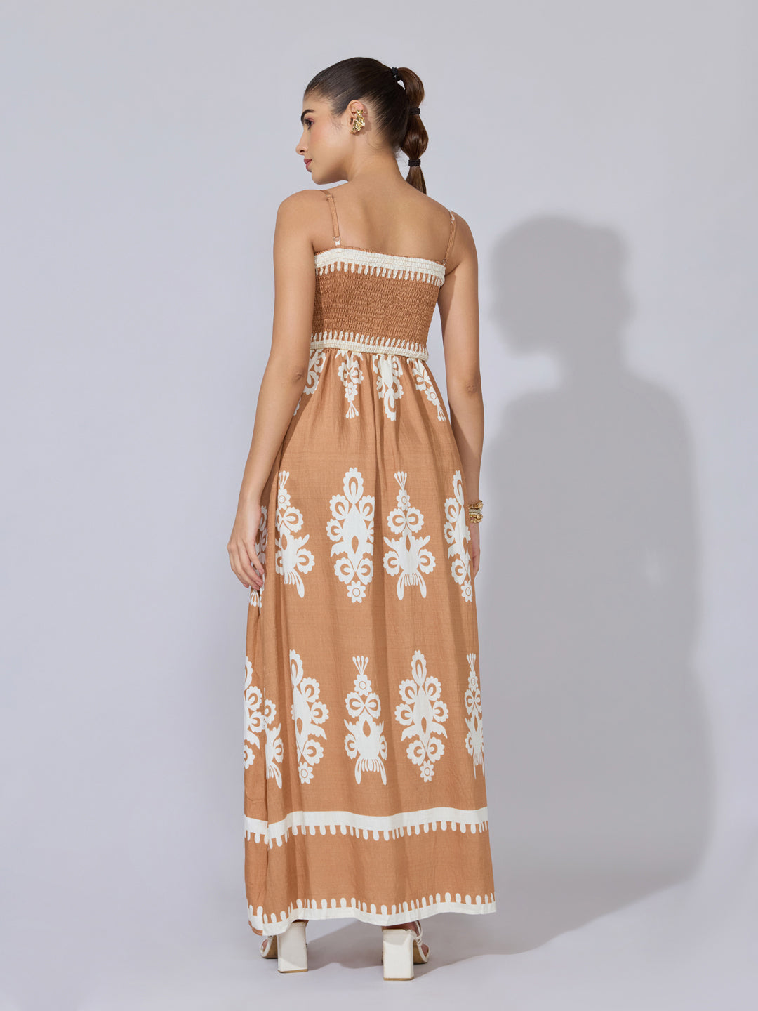 Women's Printed Brown Smocked Maxi Dress