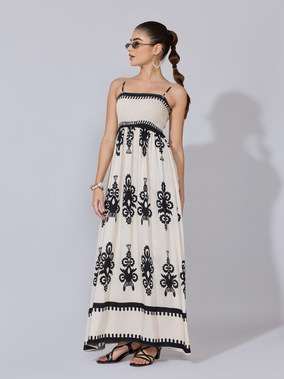 Women's Printed Cream Smocked Maxi Dress