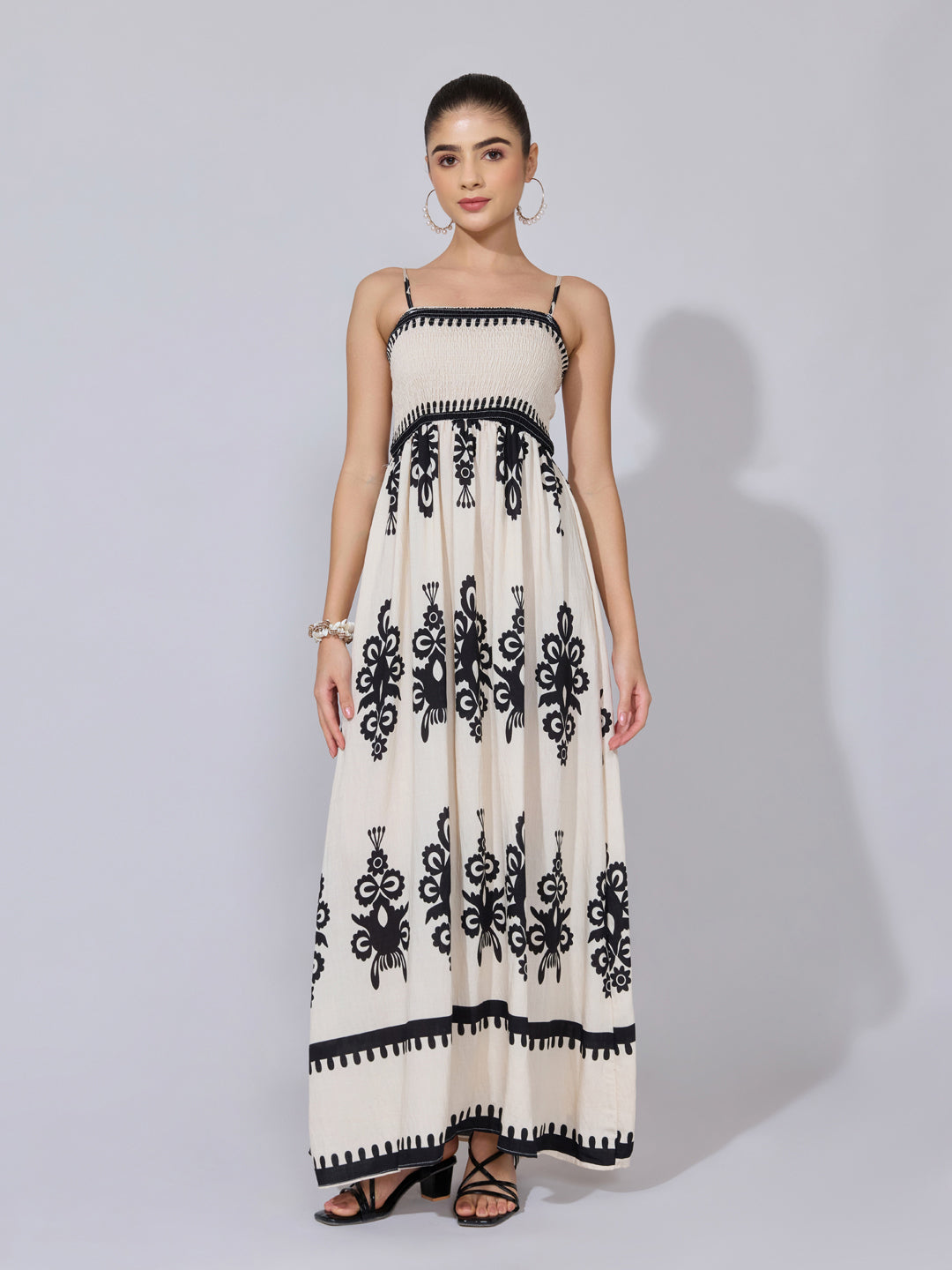 Women's Printed Cream Smocked Maxi Dress
