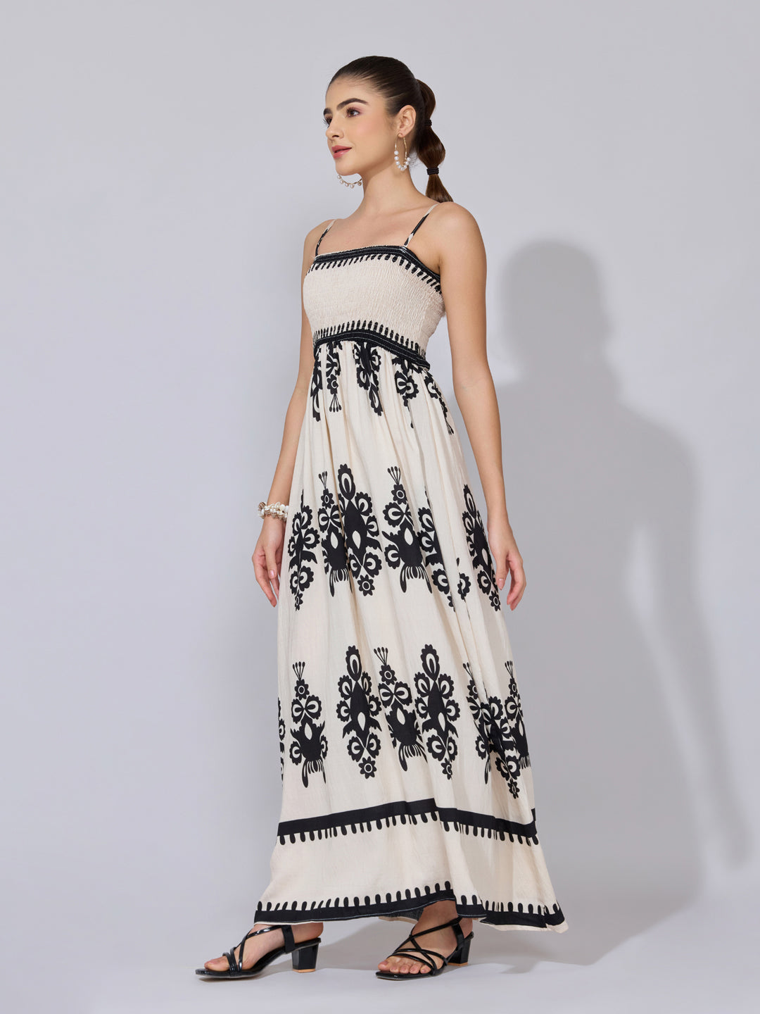 Women's Printed Cream Smocked Maxi Dress