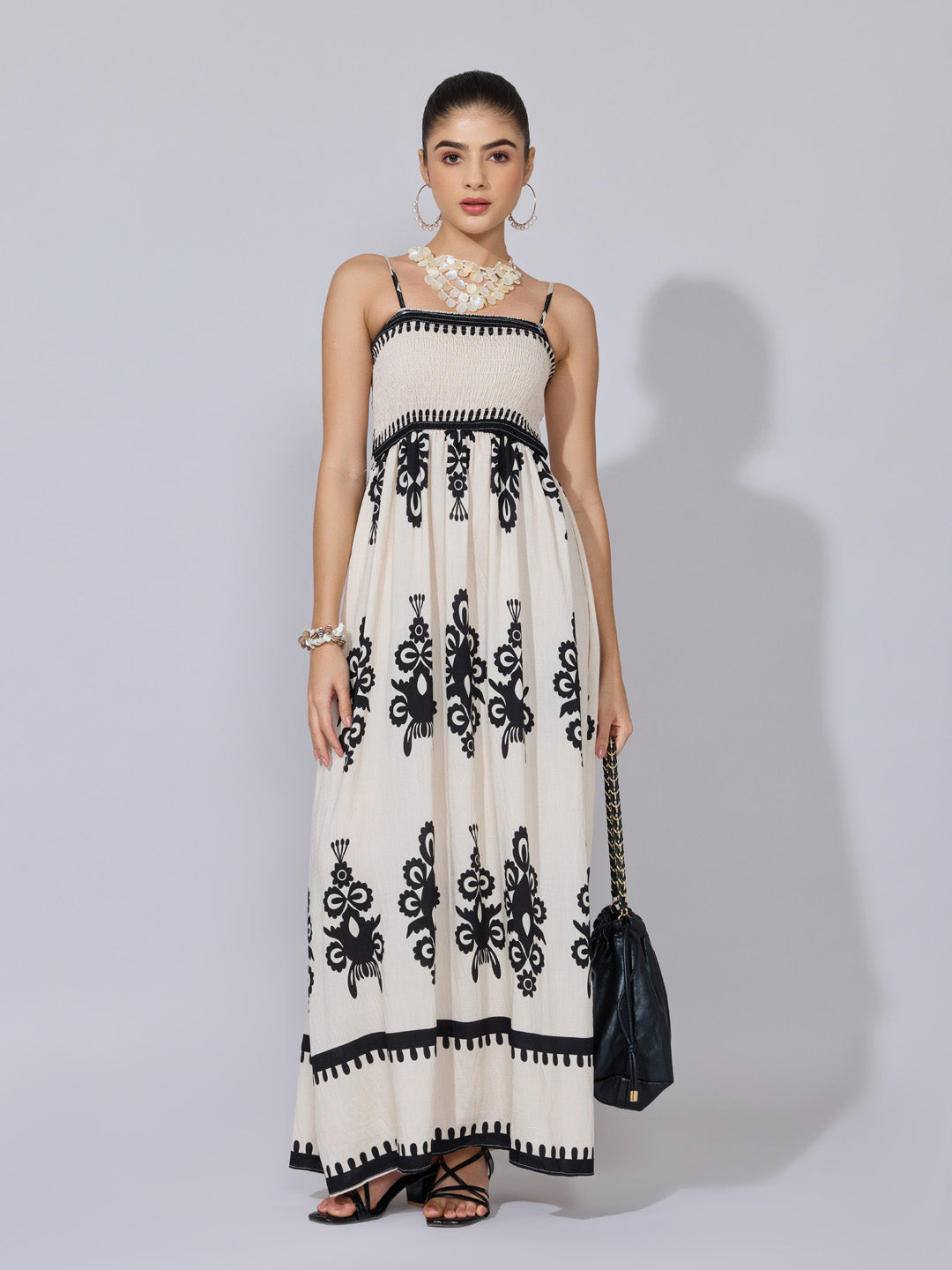 Women's Printed Cream Smocked Maxi Dress