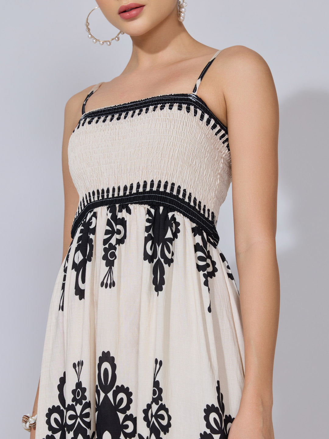 Women's Printed Cream Smocked Maxi Dress