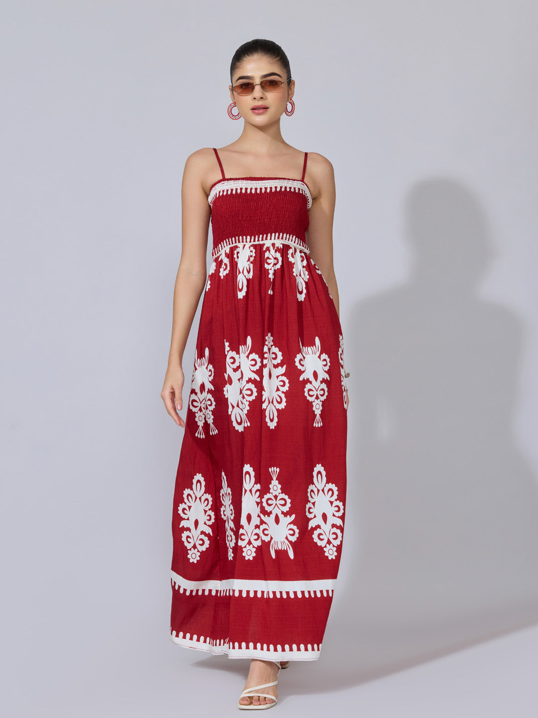 Women's Printed Maroon Smocked Maxi Dress