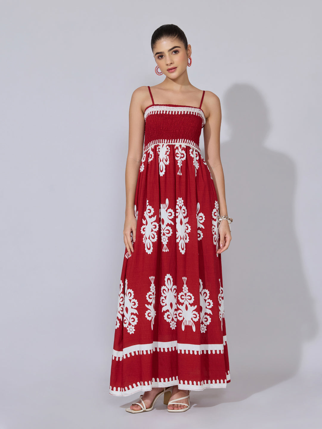 Women's Printed Maroon Smocked Maxi Dress