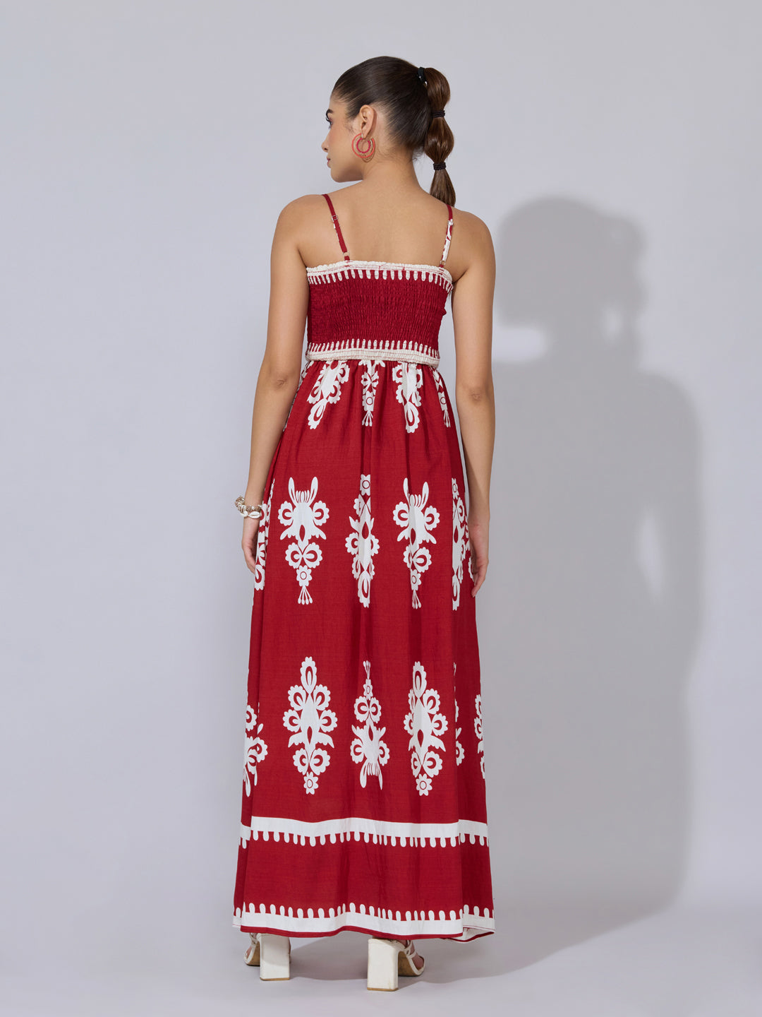 Women's Printed Maroon Smocked Maxi Dress