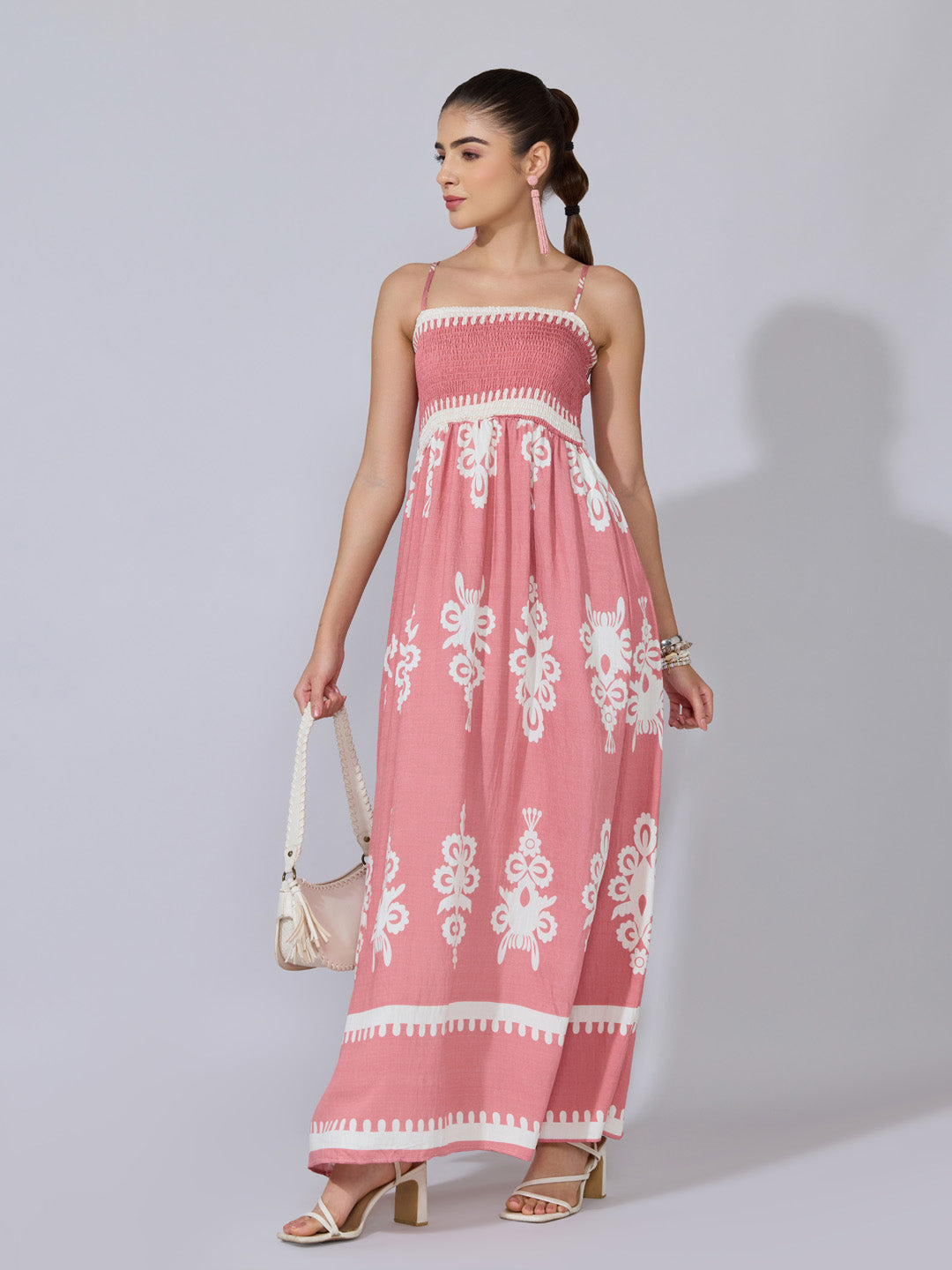 Women's Printed Pink Smocked Maxi Dress