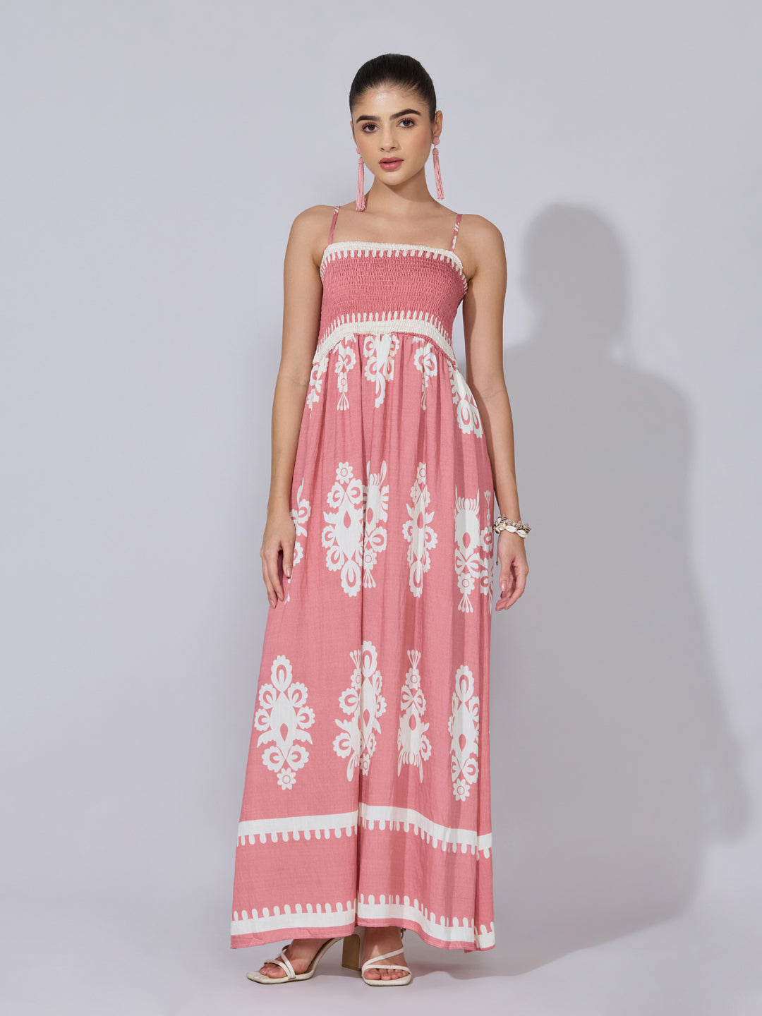 Women's Printed Pink Smocked Maxi Dress