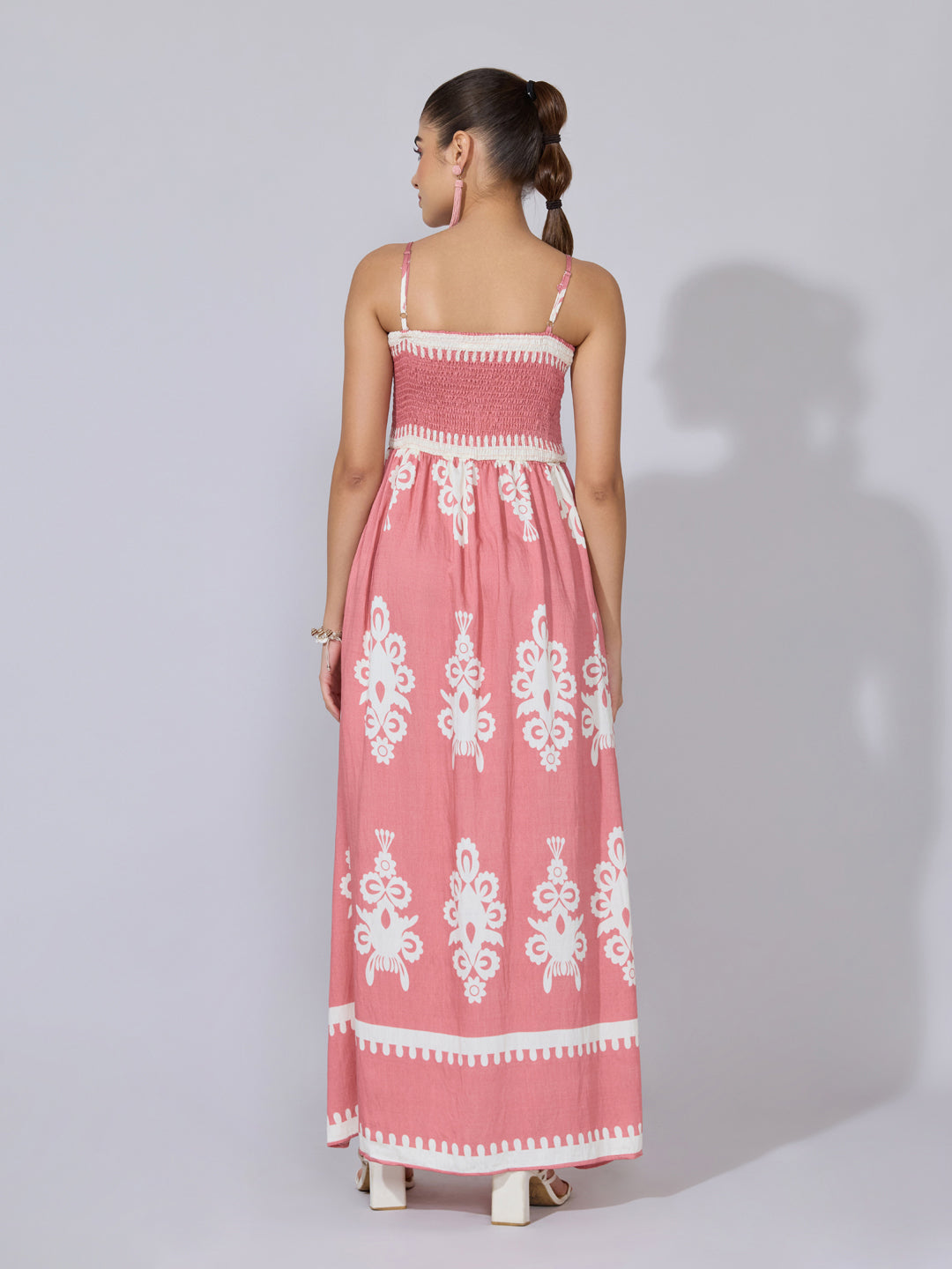 Women's Printed Pink Smocked Maxi Dress