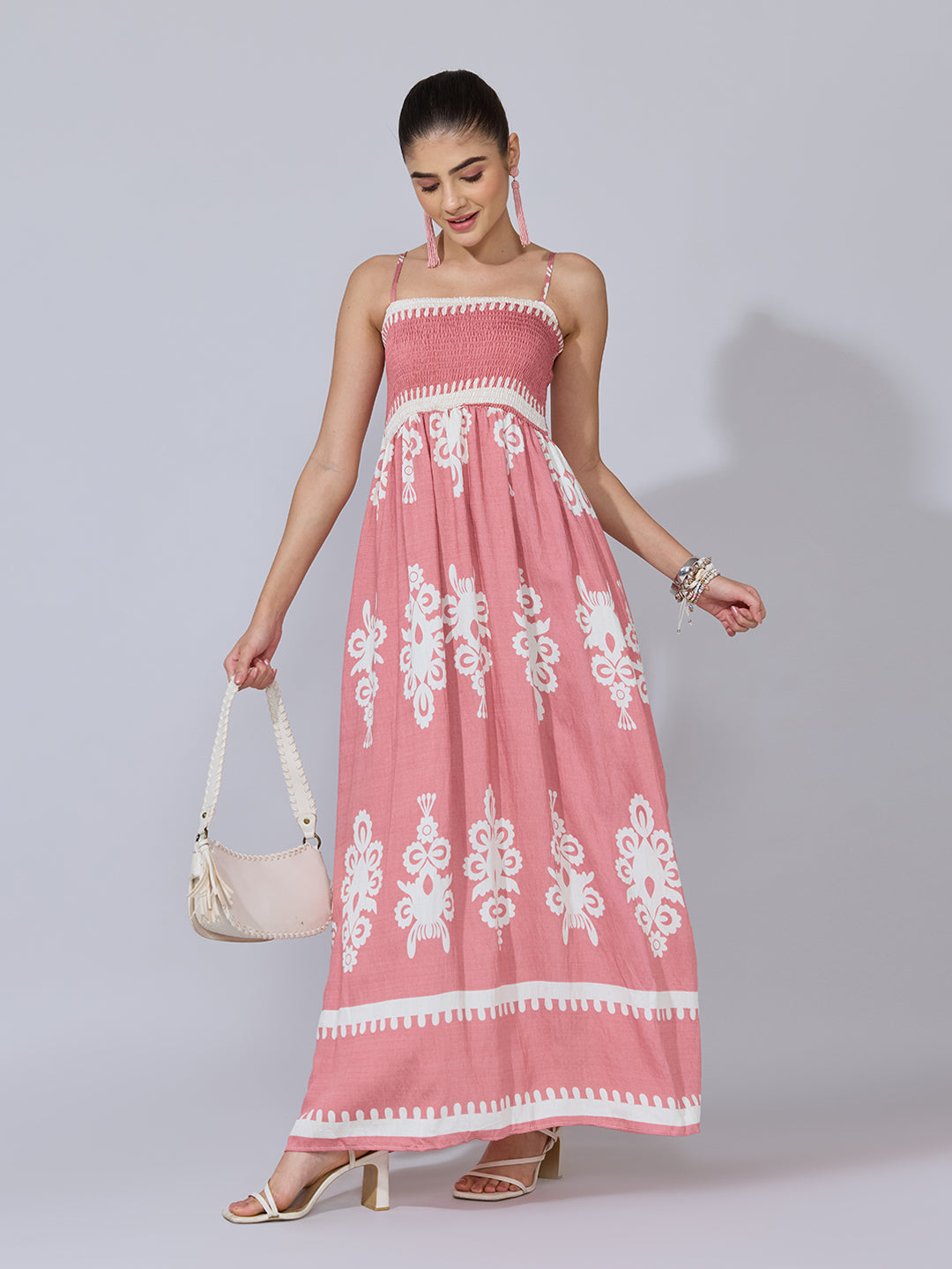 Women's Printed Pink Smocked Maxi Dress