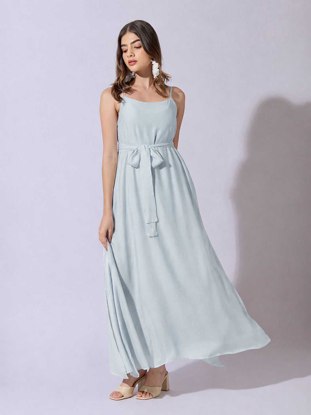 Women's Blue Sleeveless Maxi Dress with Belt Tie