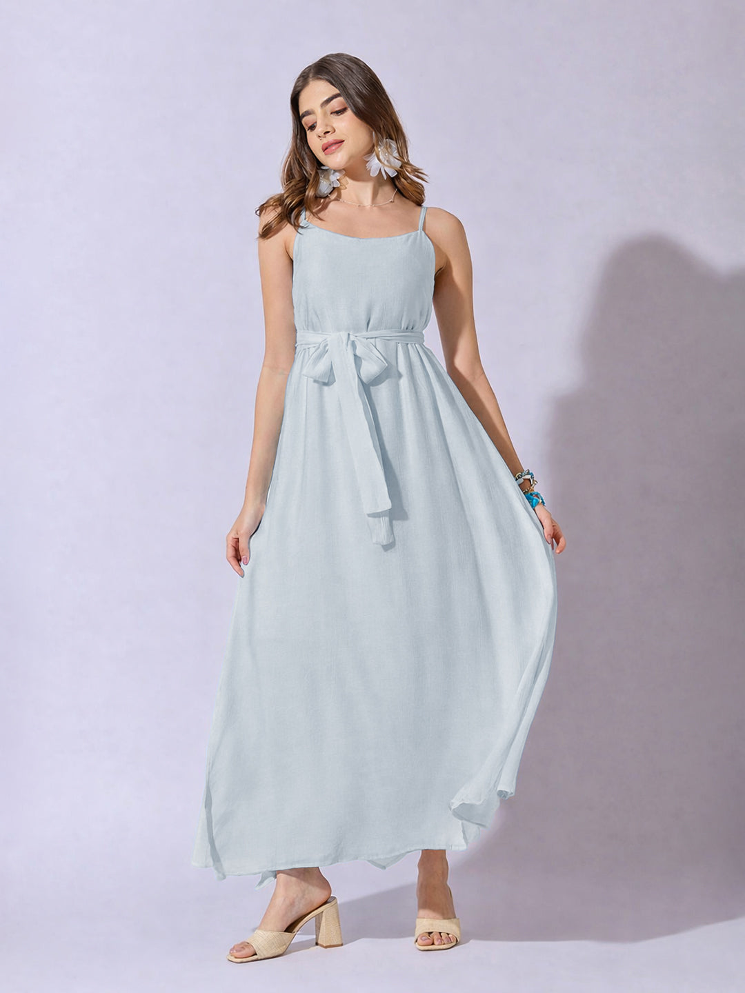 Women's Blue Sleeveless Maxi Dress with Belt Tie