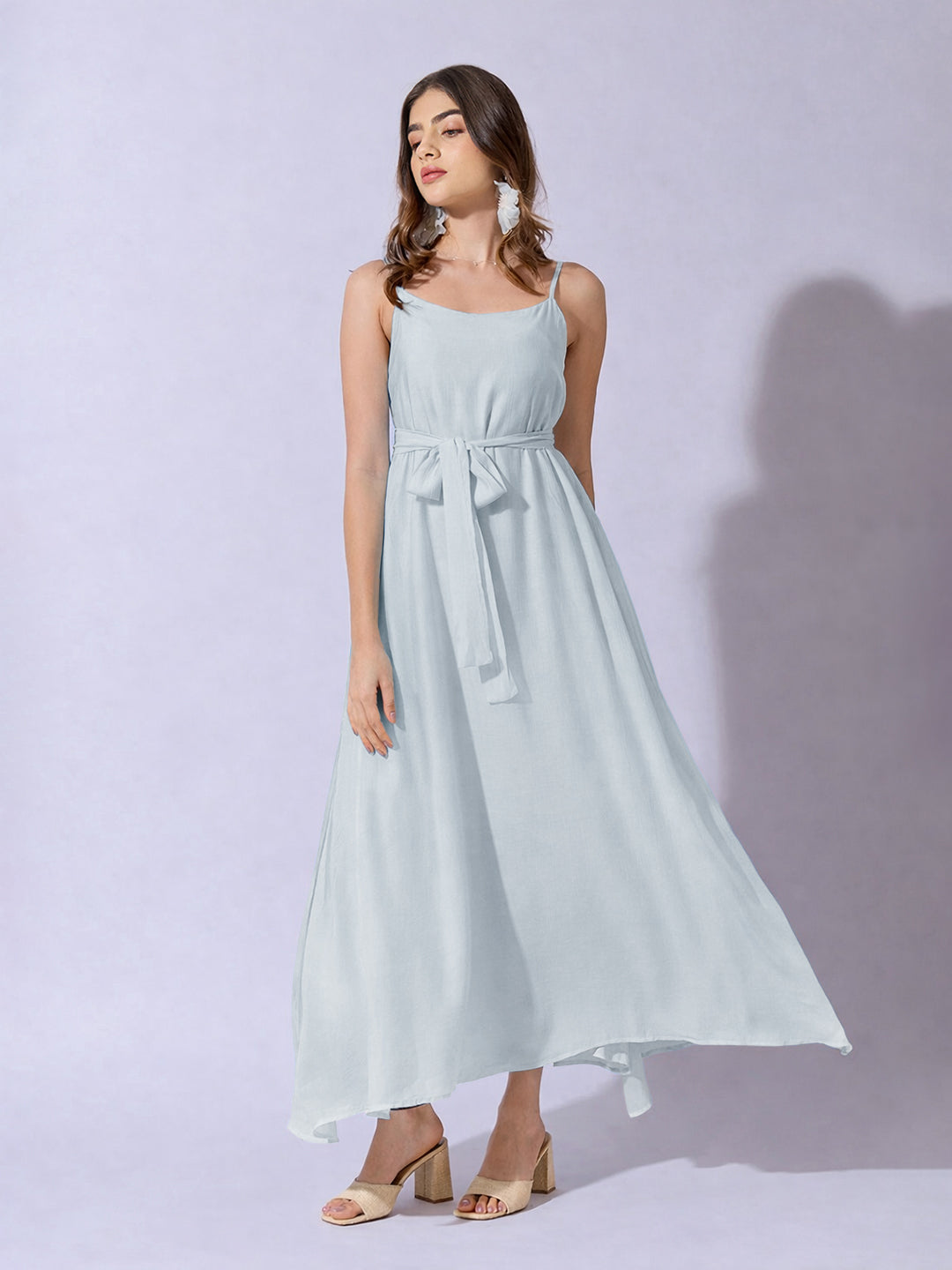 Women's Blue Sleeveless Maxi Dress with Belt Tie