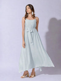 Women's Blue Sleeveless Maxi Dress with Belt Tie