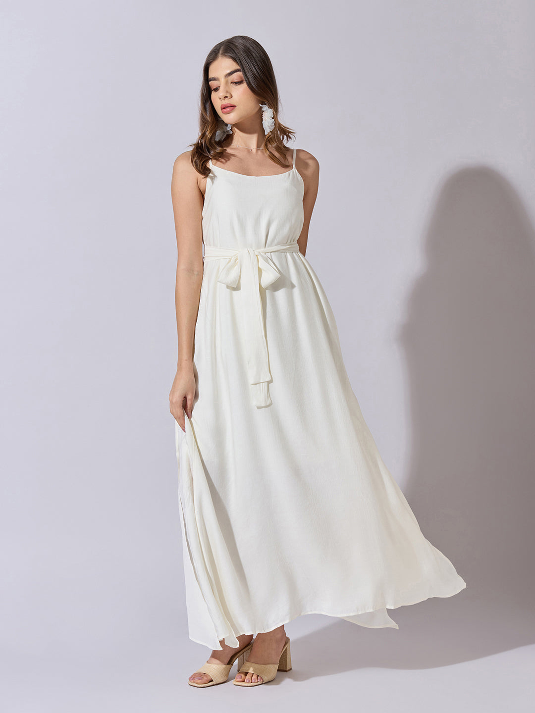 Women's Cream Sleeveless Maxi Dress with Belt Tie