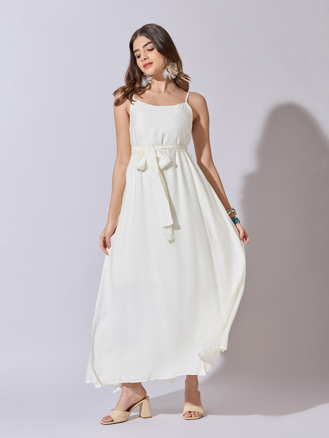 Women's Cream Sleeveless Maxi Dress with Belt Tie