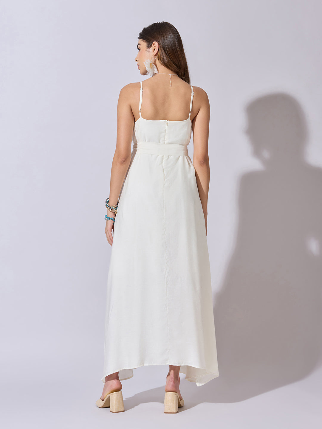 Women's Cream Sleeveless Maxi Dress with Belt Tie