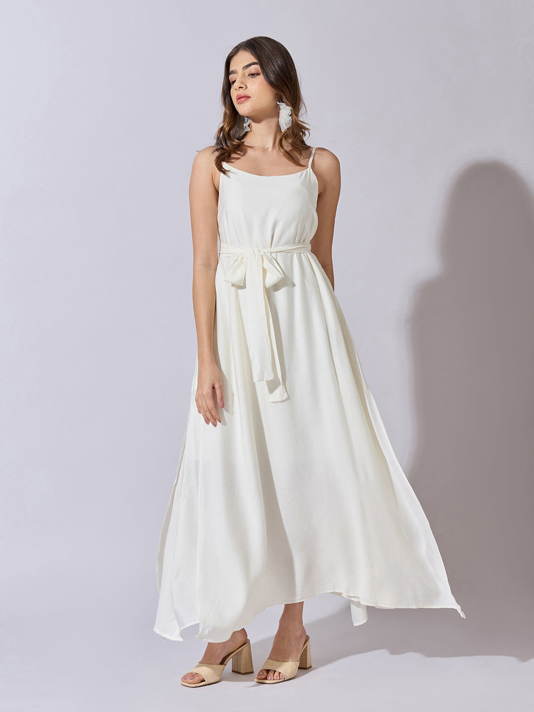 Women's Cream Sleeveless Maxi Dress with Belt Tie