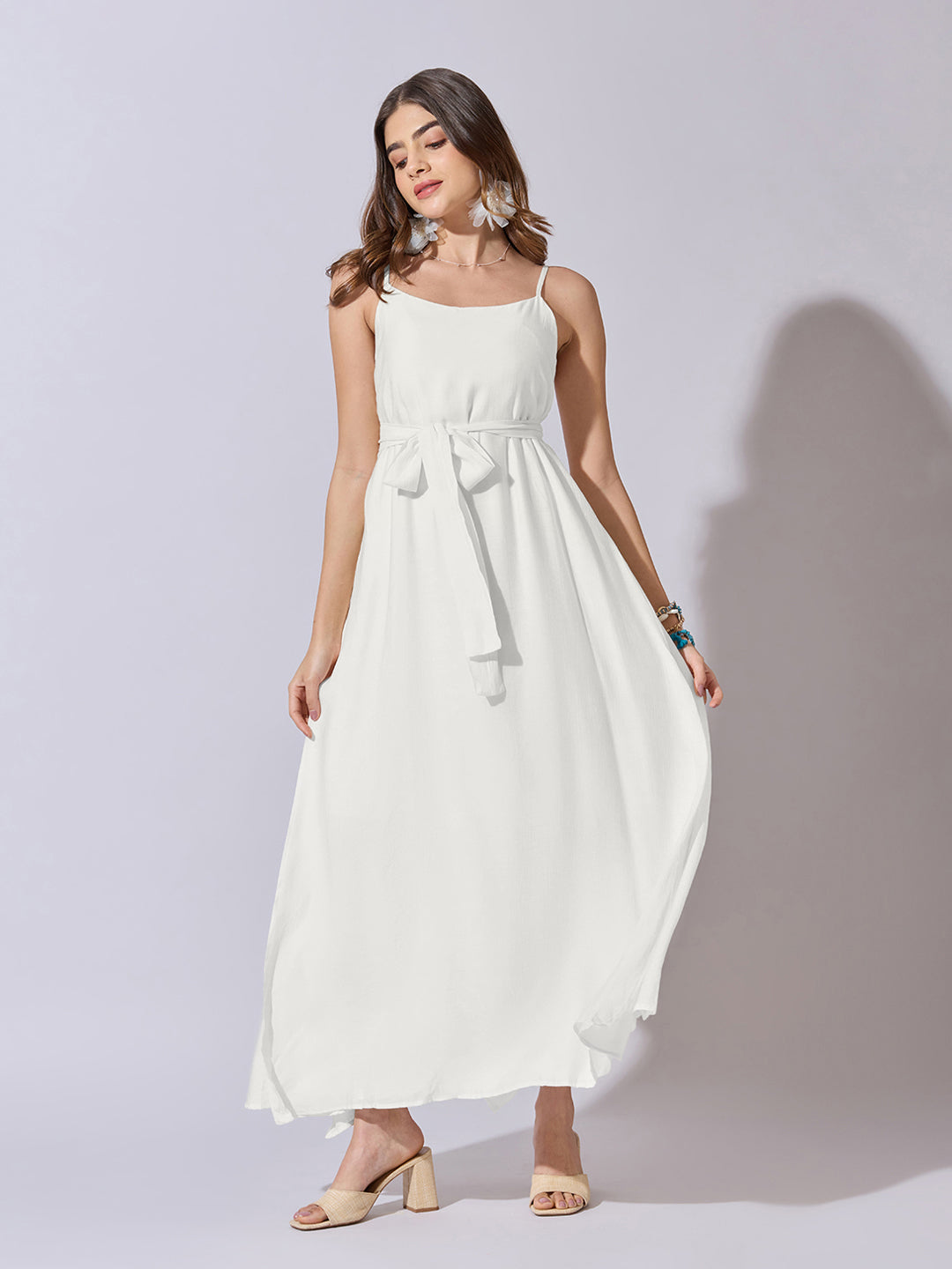 Women's White Sleeveless Maxi Dress with Belt Tie