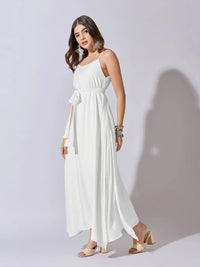 Women's White Sleeveless Maxi Dress with Belt Tie