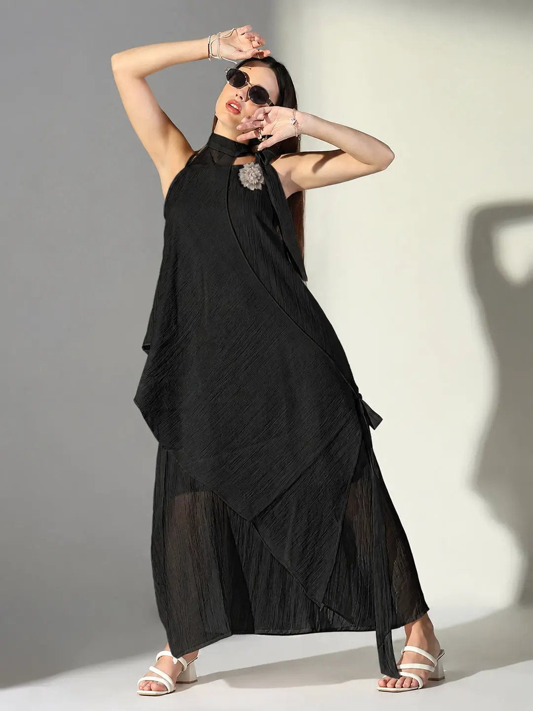 Women's Black & Grey Floral Applique Asymmetric Maxi Dress With Shoulder Straps