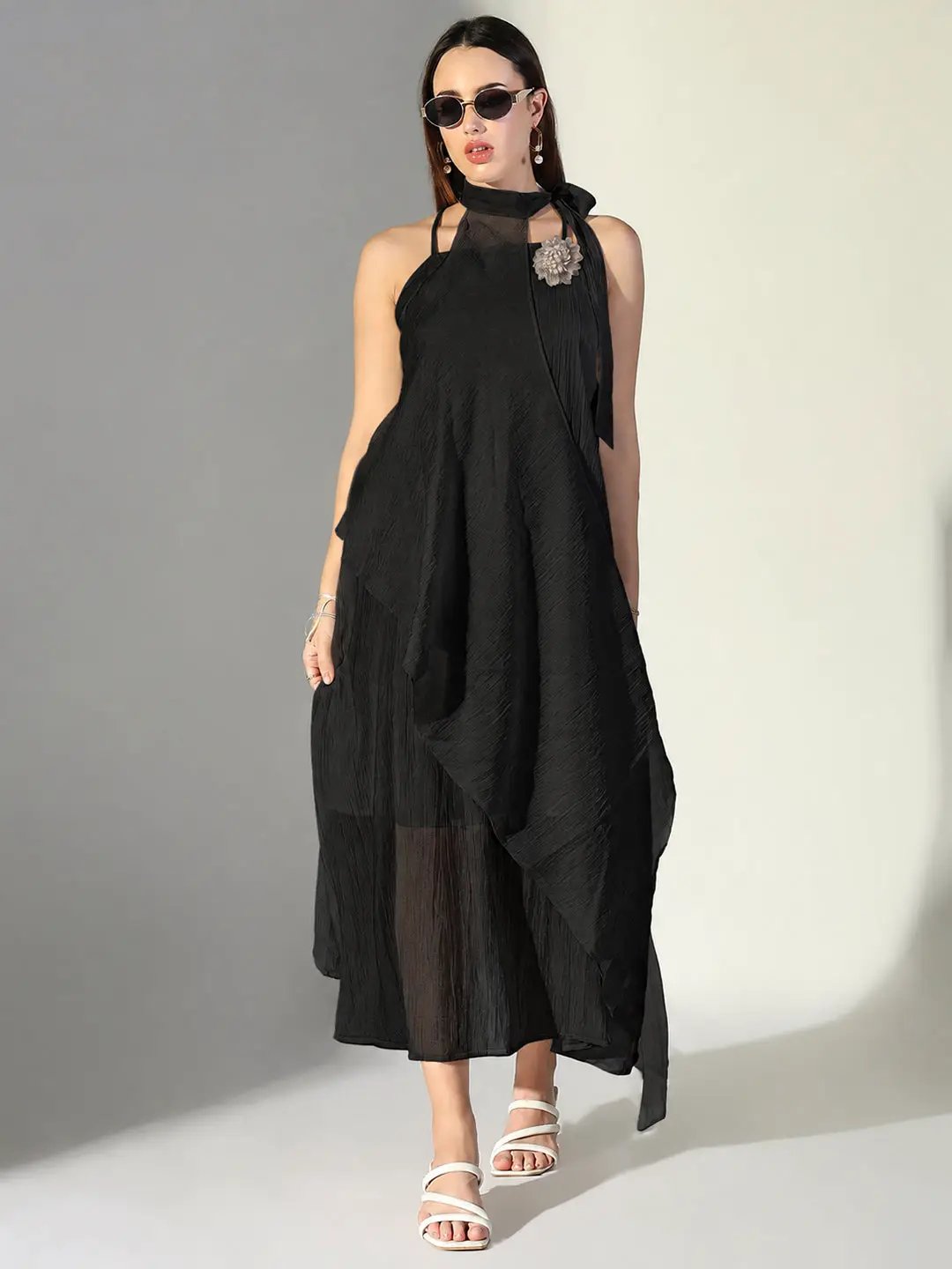Women's Black & Grey Floral Applique Asymmetric Maxi Dress With Shoulder Straps