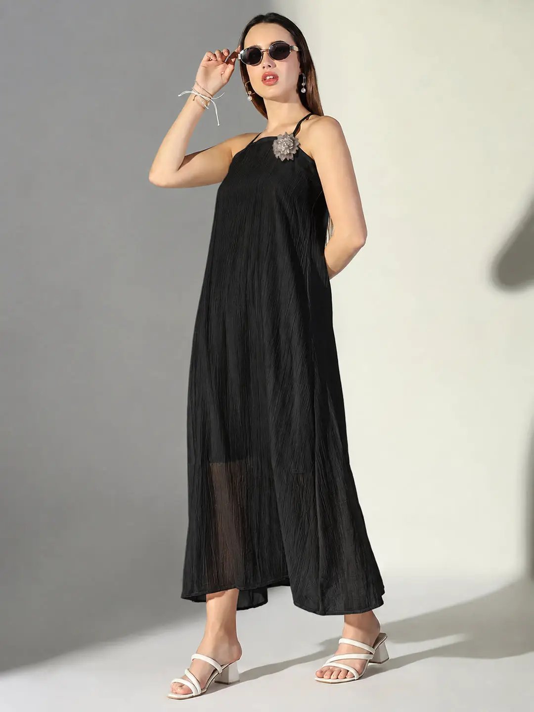 Women's Black & Grey Floral Applique Asymmetric Maxi Dress With Shoulder Straps