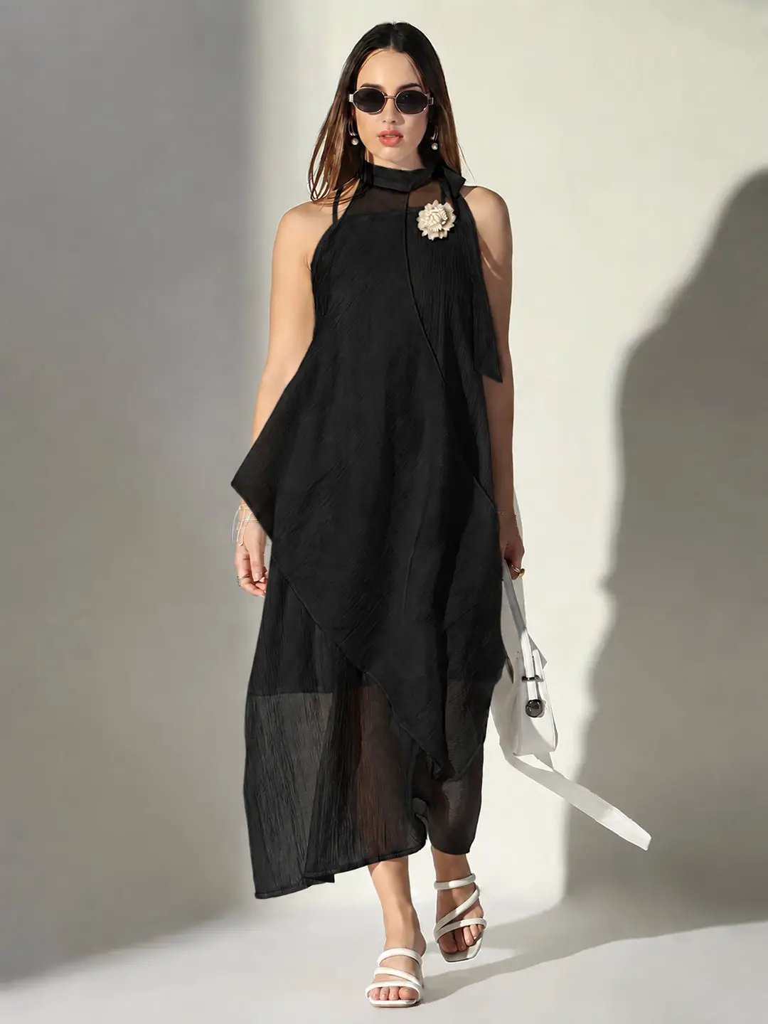 Women's Black Asymmetric Maxi Dress with Shoulder Straps & Floral Applique