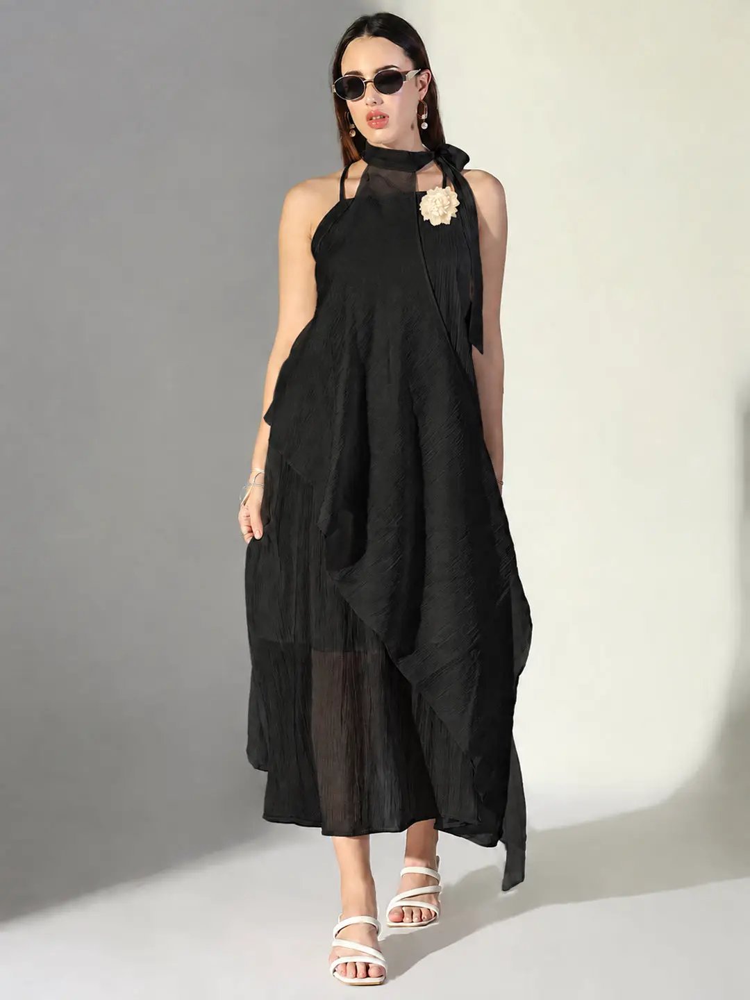 Women's Black Asymmetric Maxi Dress with Shoulder Straps & Floral Applique