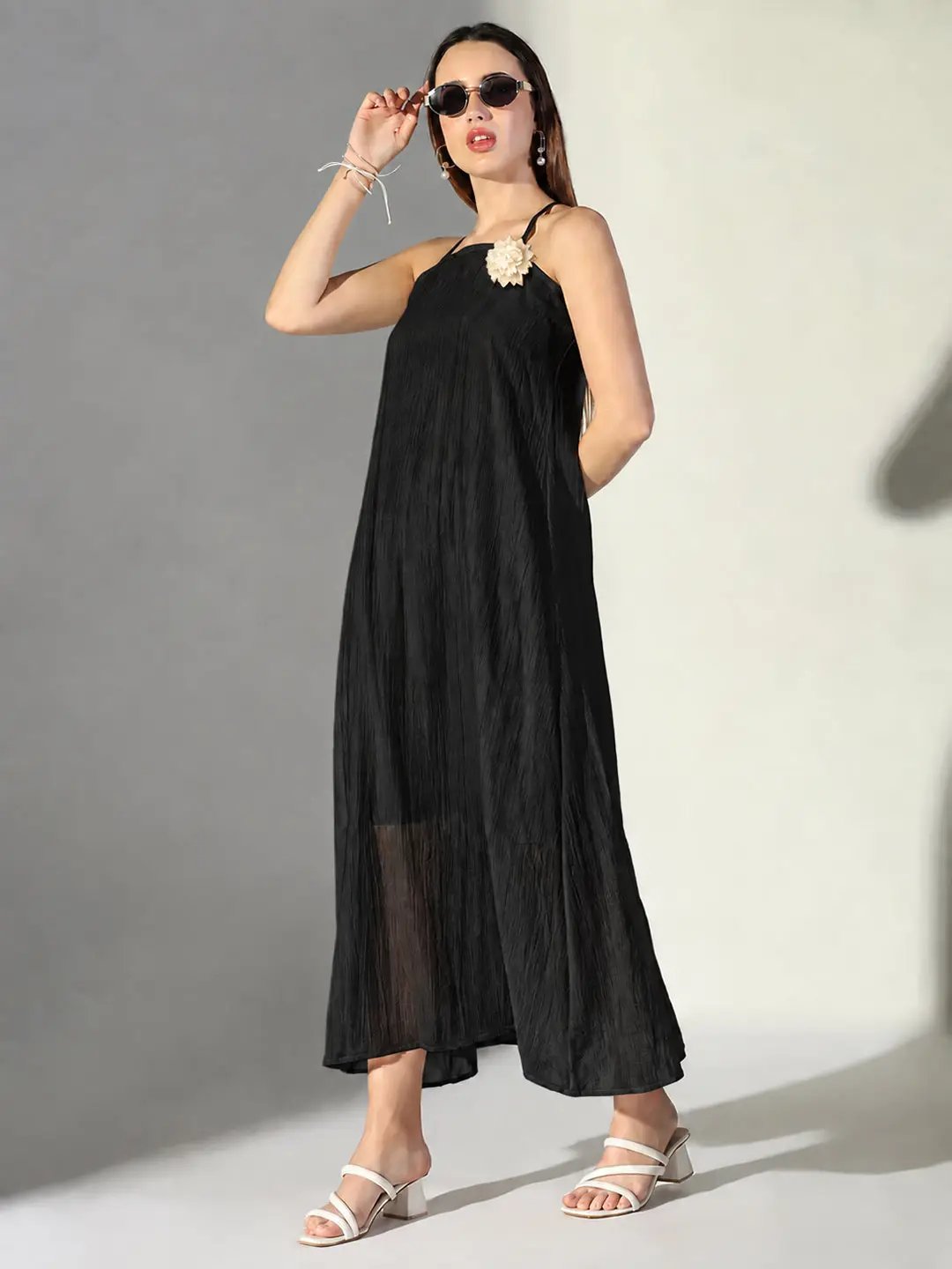 Women's Black Asymmetric Maxi Dress with Shoulder Straps & Floral Applique