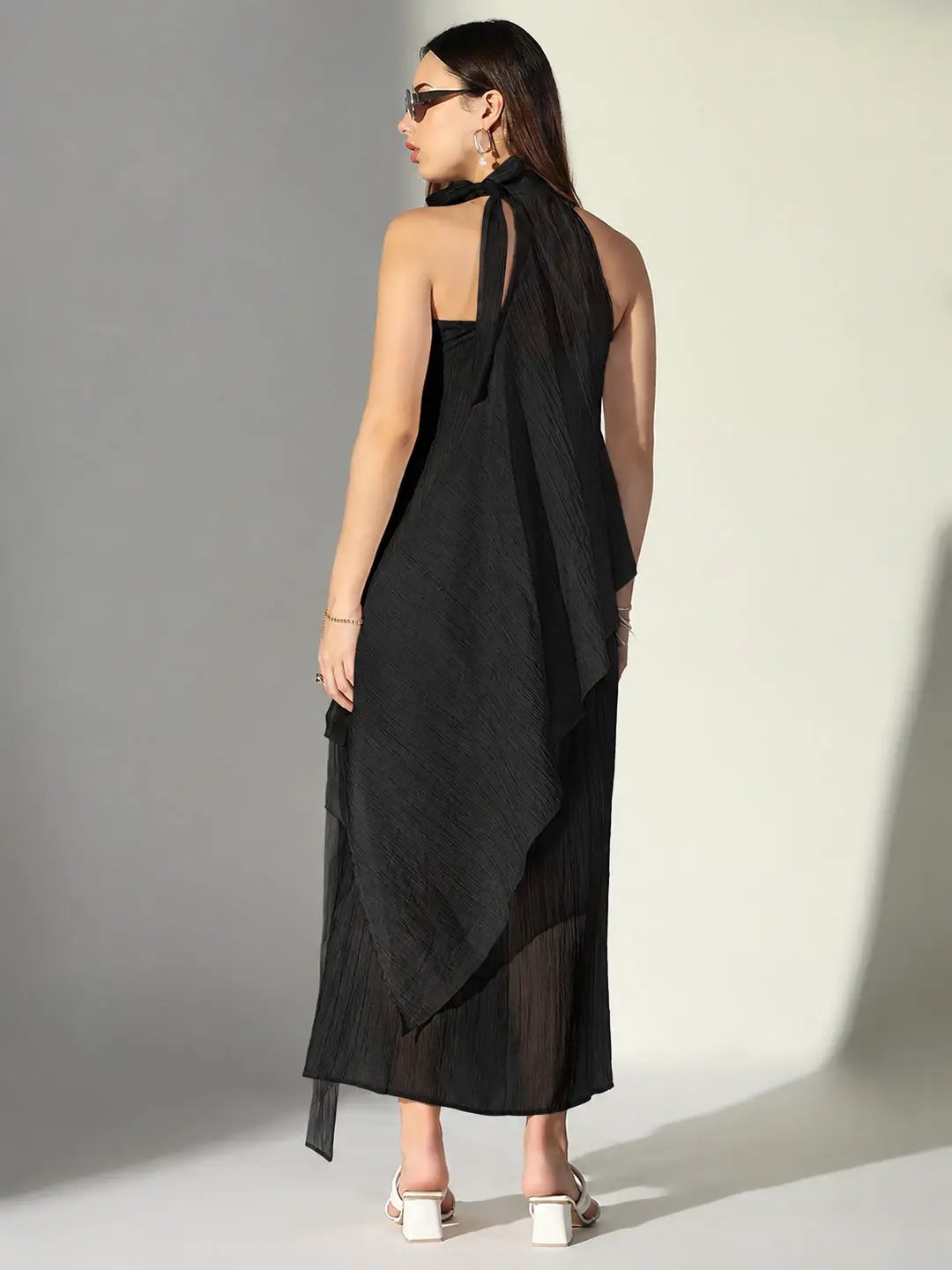 Women's Black Asymmetric Maxi Dress with Shoulder Straps & Floral Applique