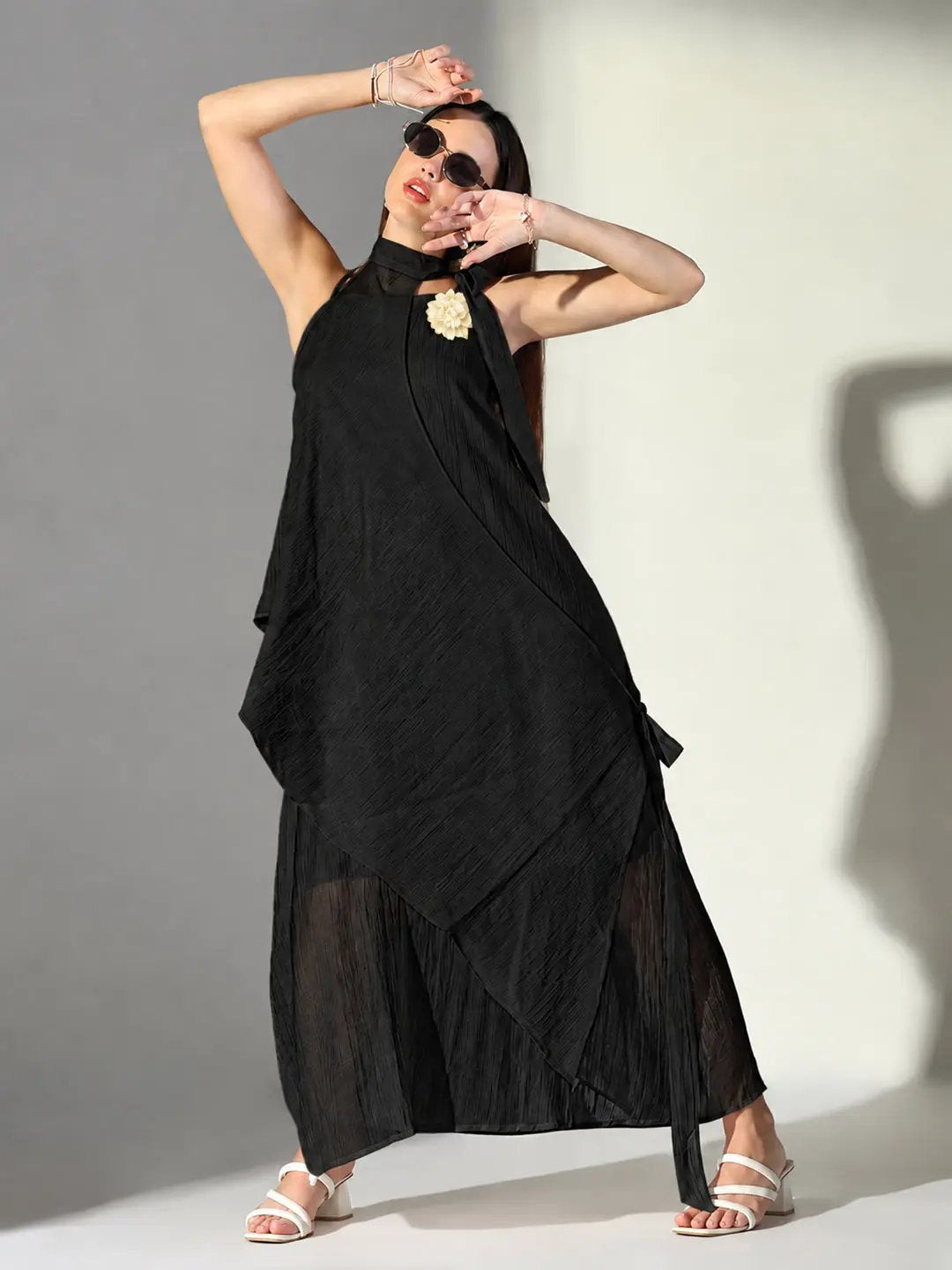Women's Black Asymmetric Maxi Dress with Shoulder Straps & Floral Applique