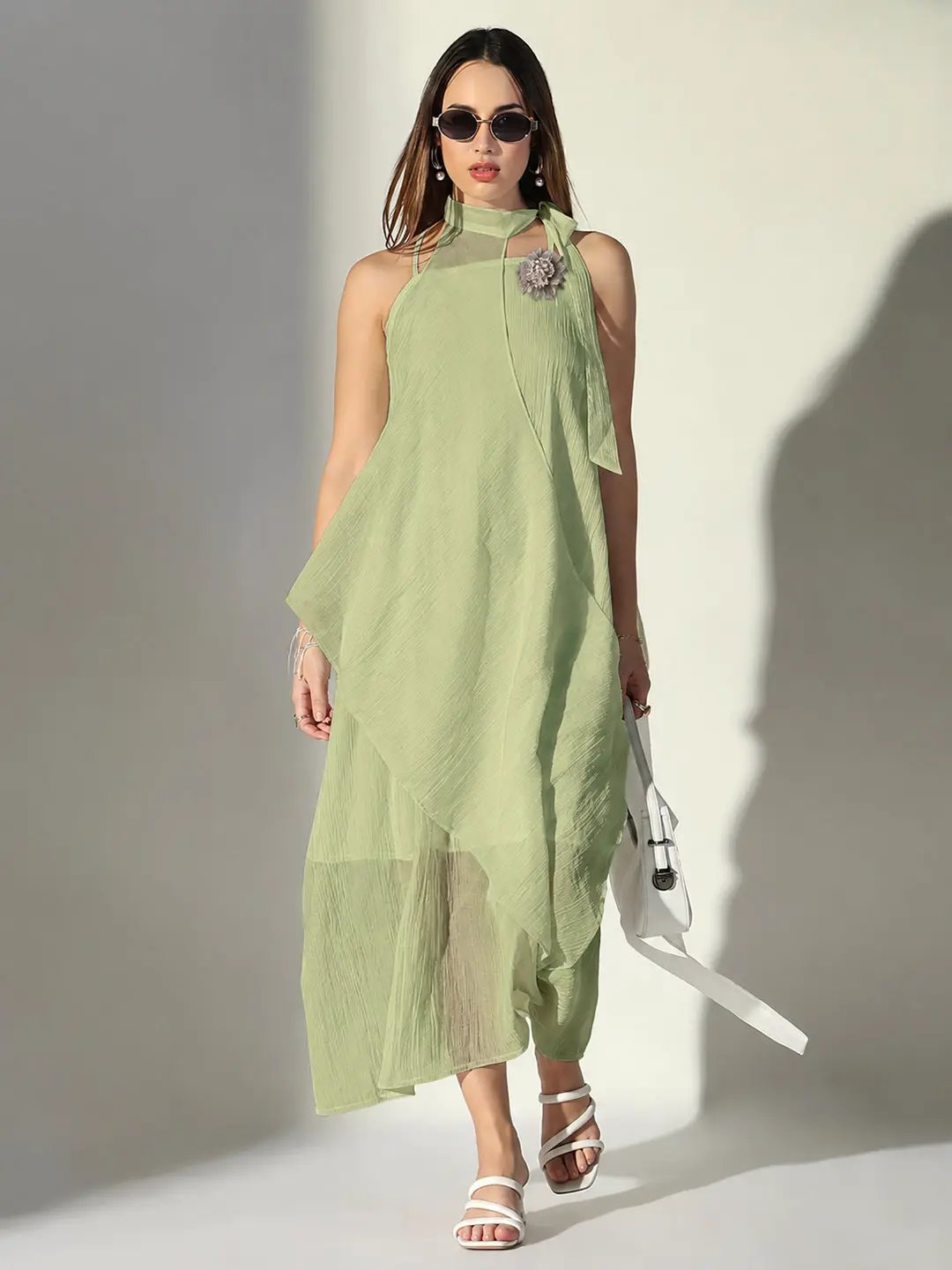 Women's Green Asymmetric Maxi Dress with Shoulder Straps & Floral Applique