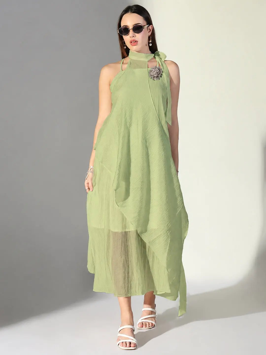 Women's Green Asymmetric Maxi Dress with Shoulder Straps & Floral Applique