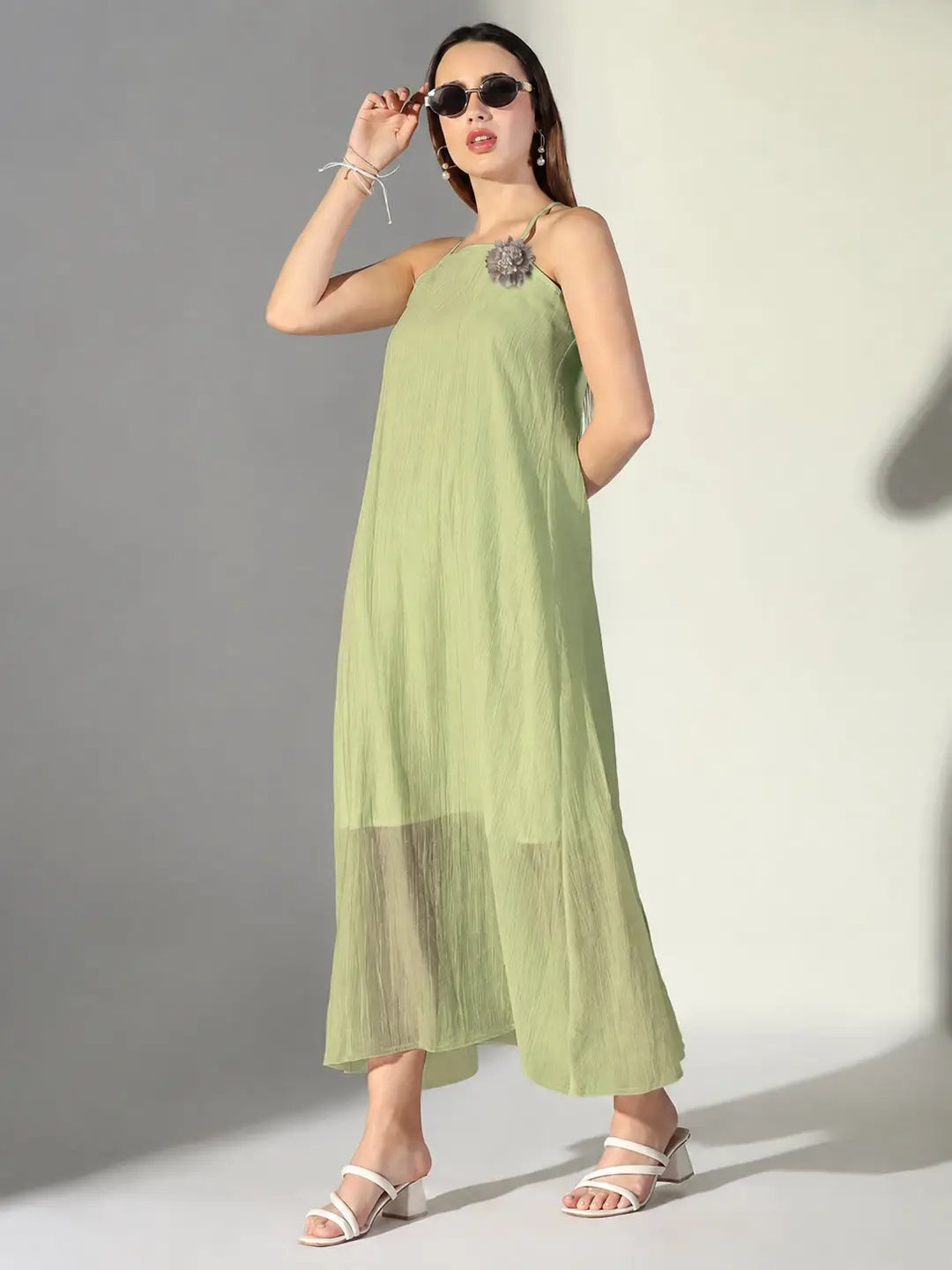 Women's Green Asymmetric Maxi Dress with Shoulder Straps & Floral Applique