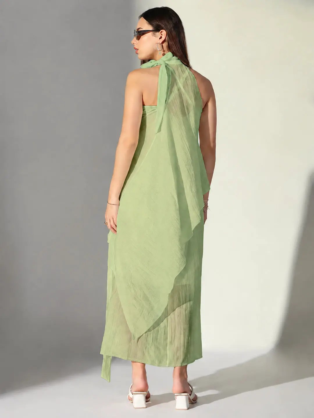 Women's Green Asymmetric Maxi Dress with Shoulder Straps & Floral Applique