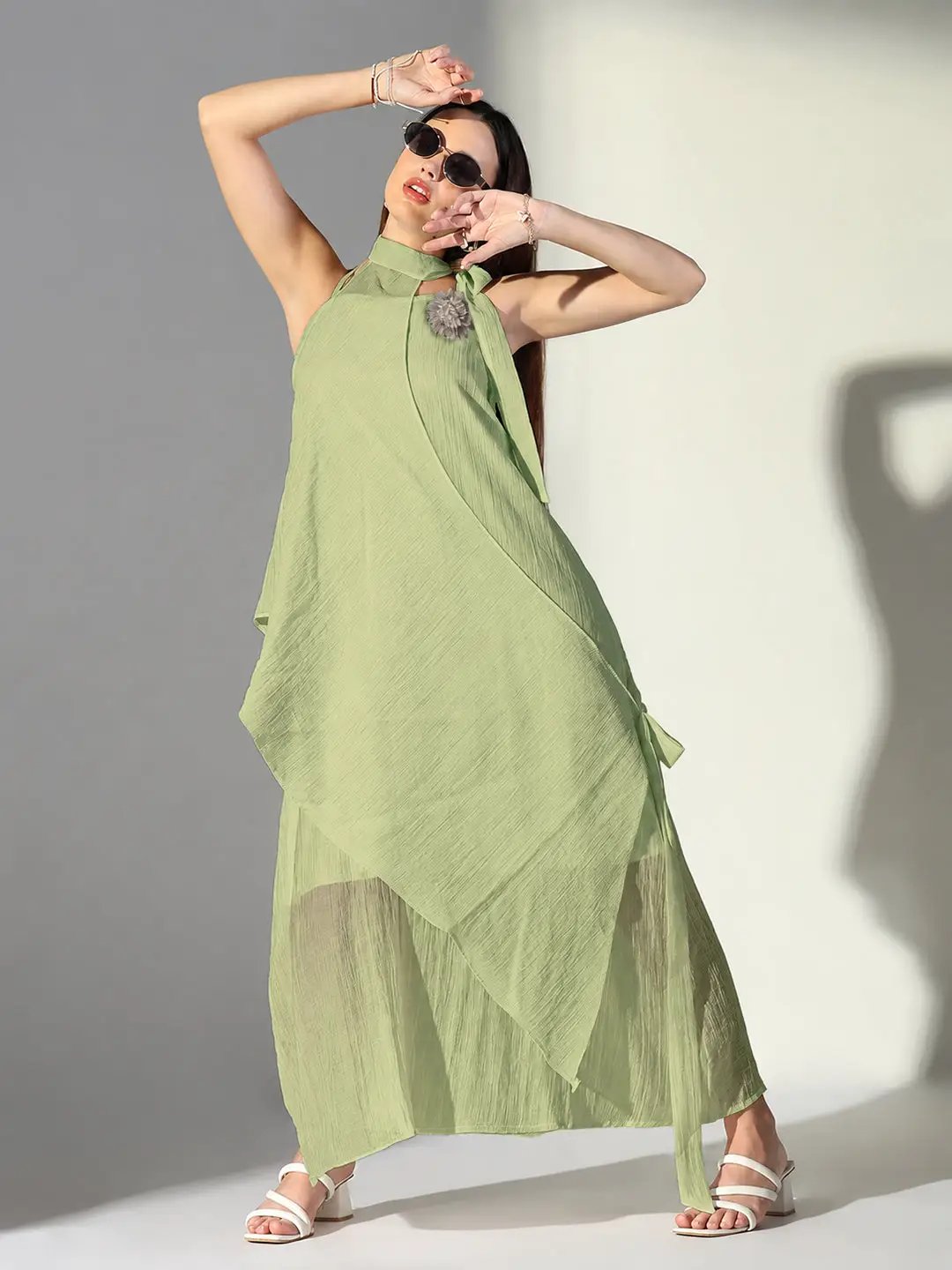 Women's Green Asymmetric Maxi Dress with Shoulder Straps & Floral Applique