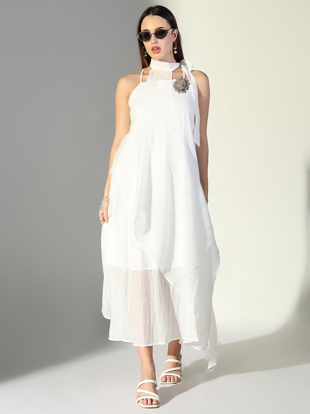 Women's White Asymmetric Halter Neck Dress with Flower Detail