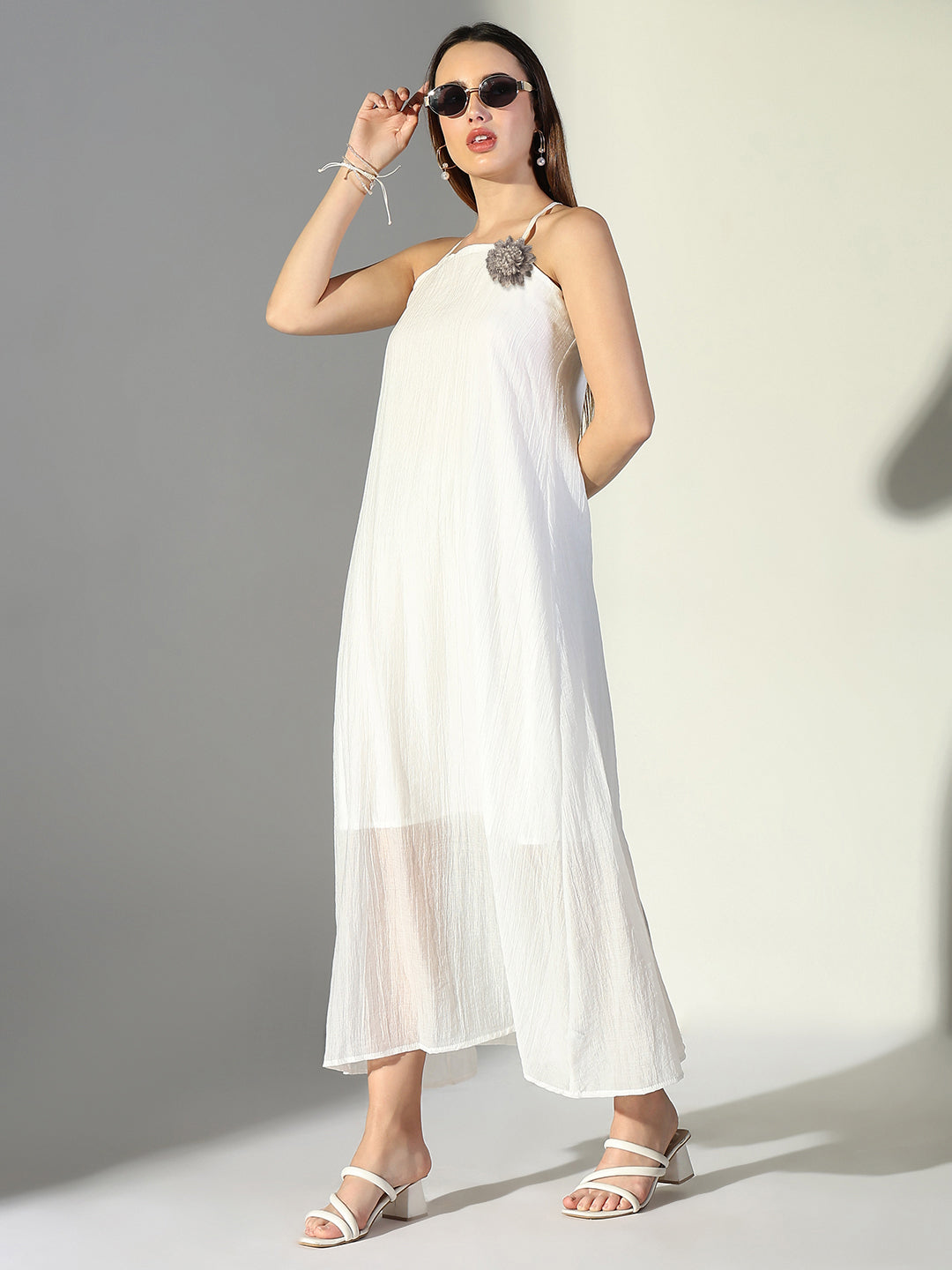 Women's White Asymmetric Halter Neck Dress with Flower Detail