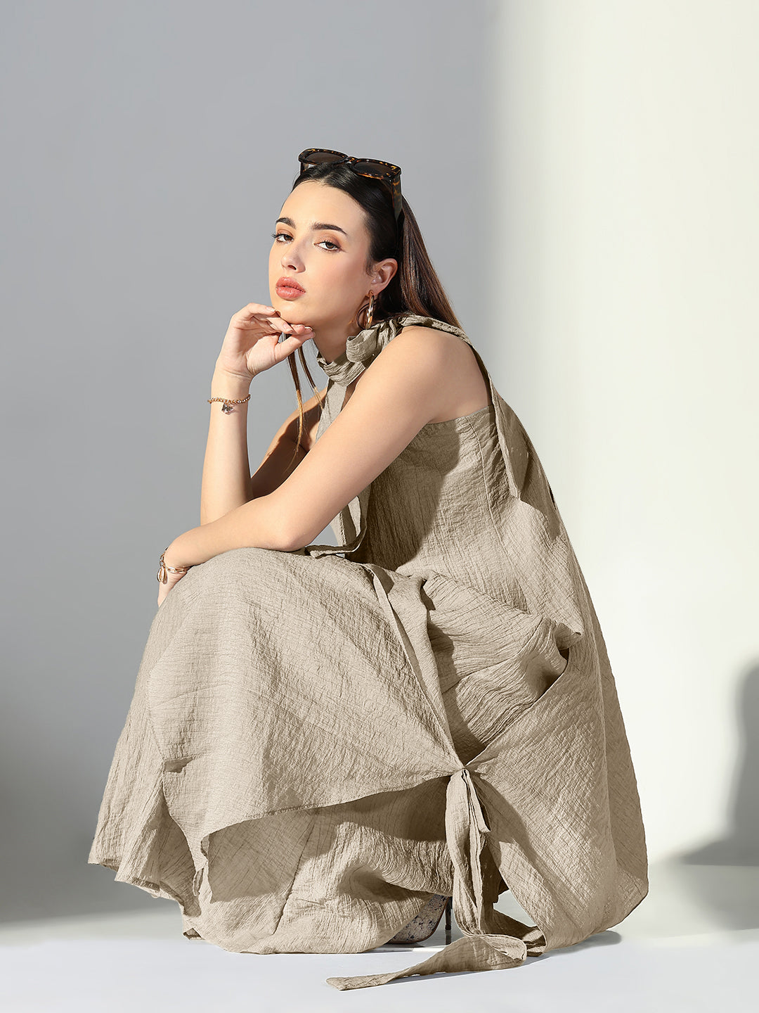 Women's Beige Asymmetric Halter Neck Dress with Flower Detail